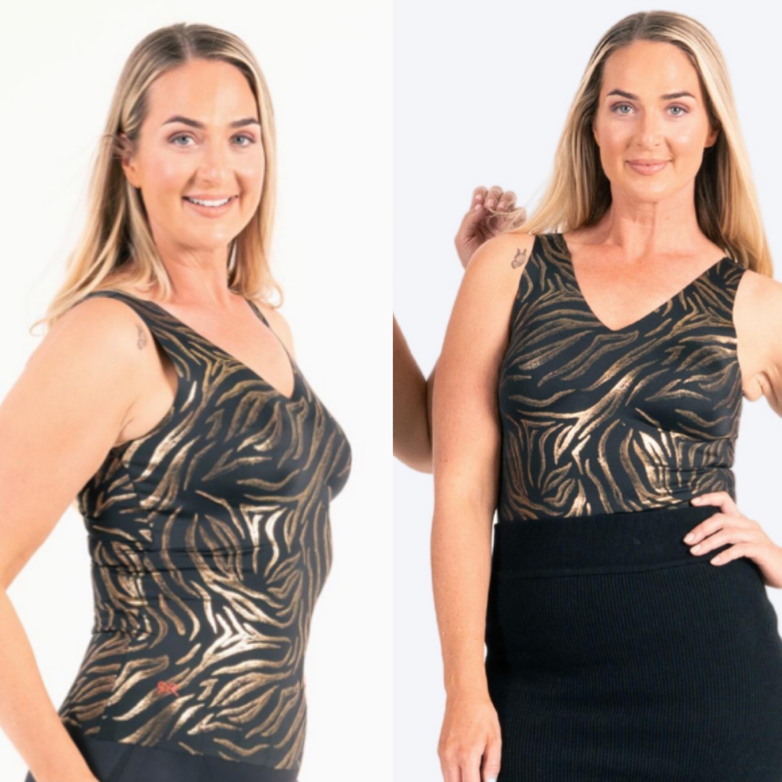 NWT Ruby Ribbon Gilded Gold Tiger V Neck Top Black Smoothing Shapewear Size 32