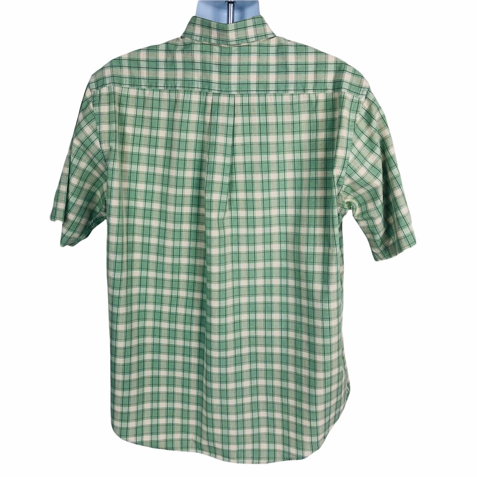 Roundtree & Yorke Men’s Shirt L Large Button Down Green Beige White Plaid Cotton