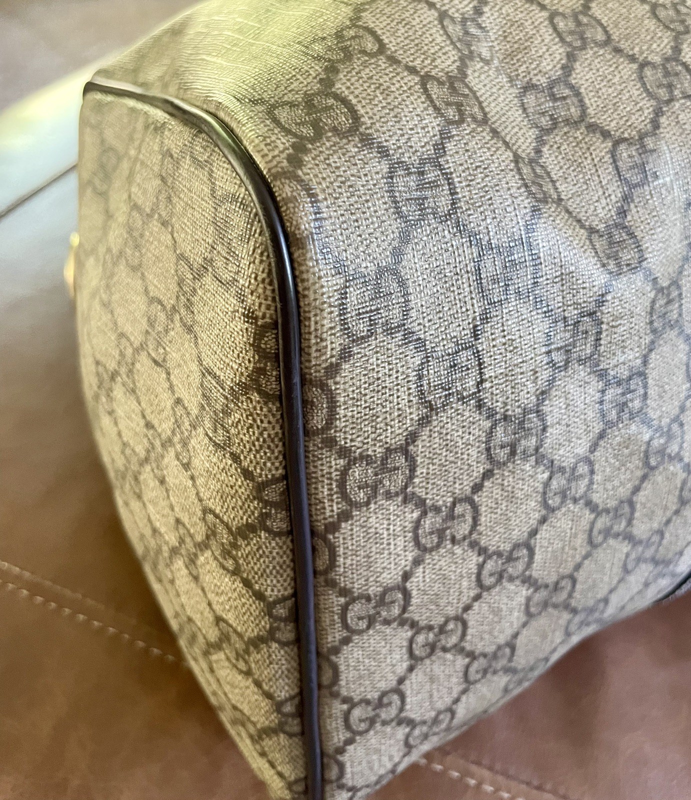 GUCCI authentic Boston Monogram Beige Canvas Leather large Boston satchel