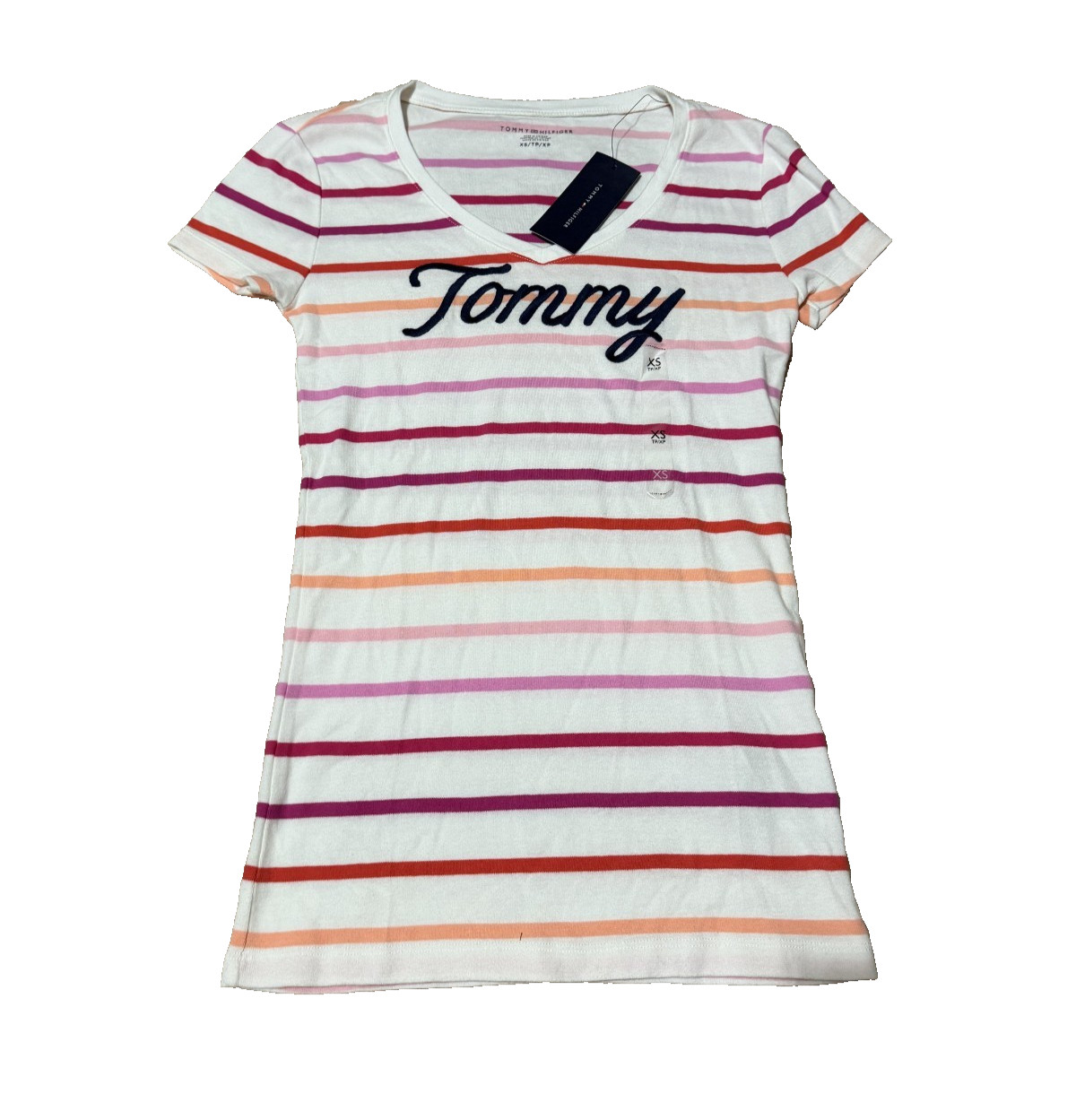 BRAND NEW Tommy Hilfiger Women’s XS Tommy Logo White Pink Stripes T-Shirt