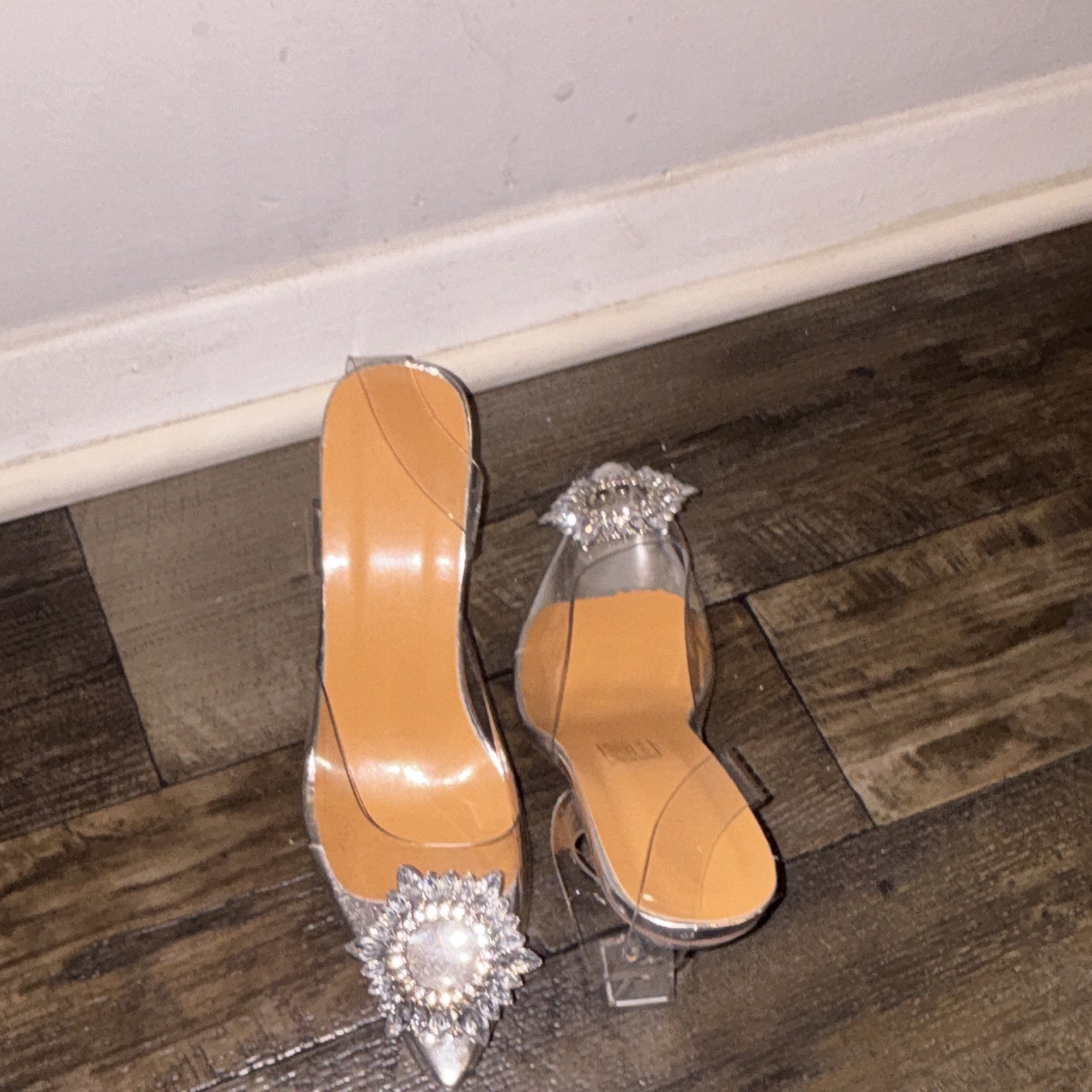 Women’s Clear Pointed Toe Pump Heels Rhinestone Buckle Block Slip On 8.5