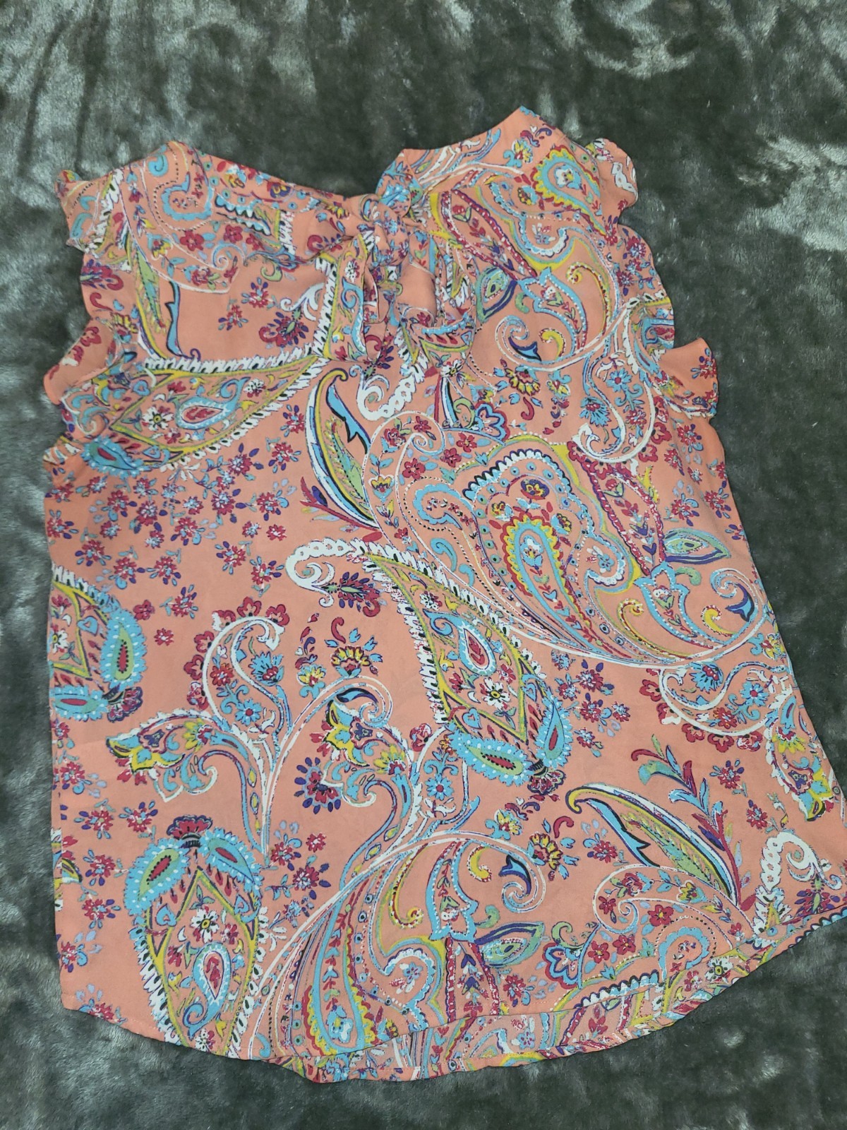 New York & Company Women’s Pink Multicolor Paisley V-Neck Ruffle Blouse M