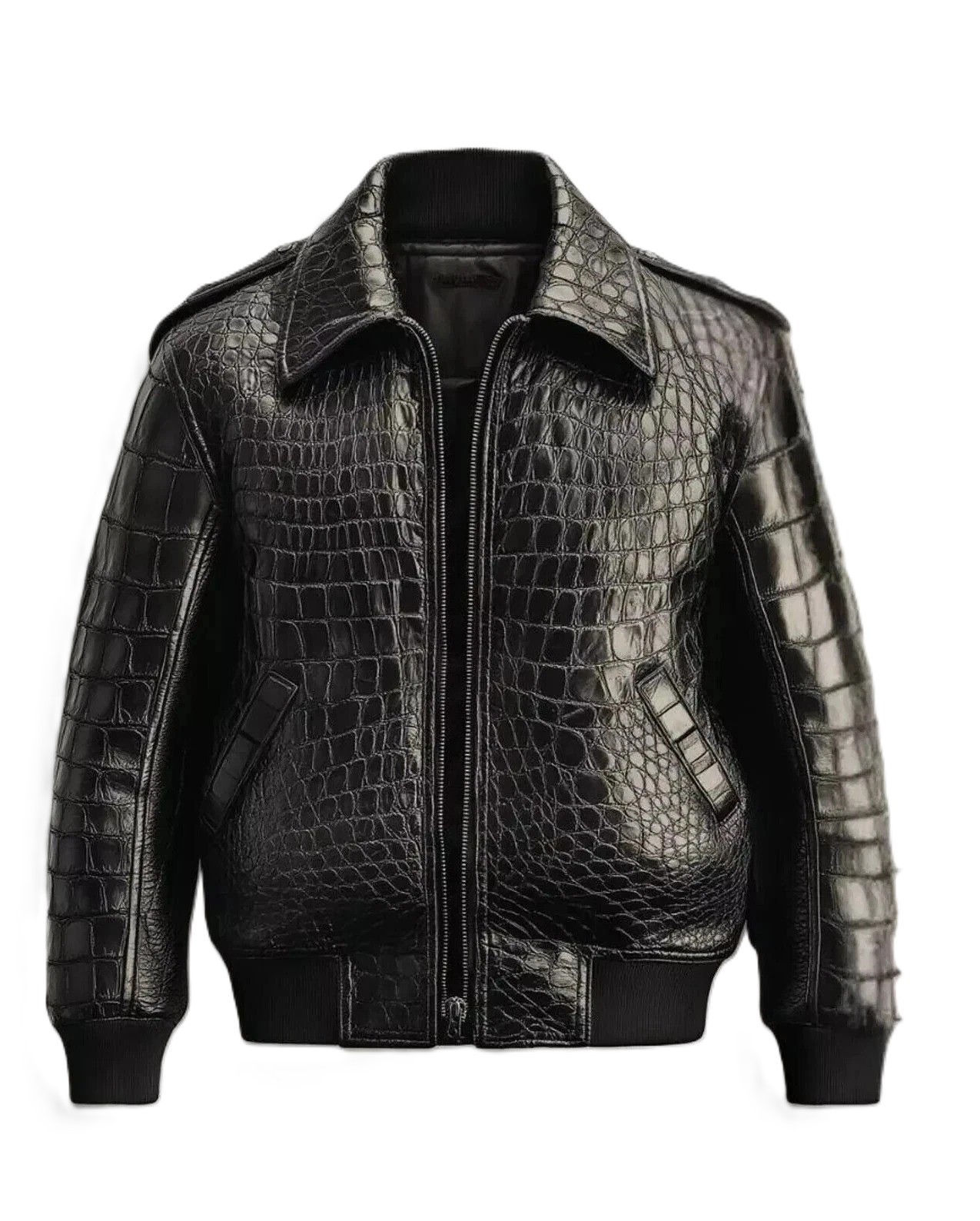 Men’s Black Real Leather Crocodile Embossed Luxury Alligator Print Bomber Jacket