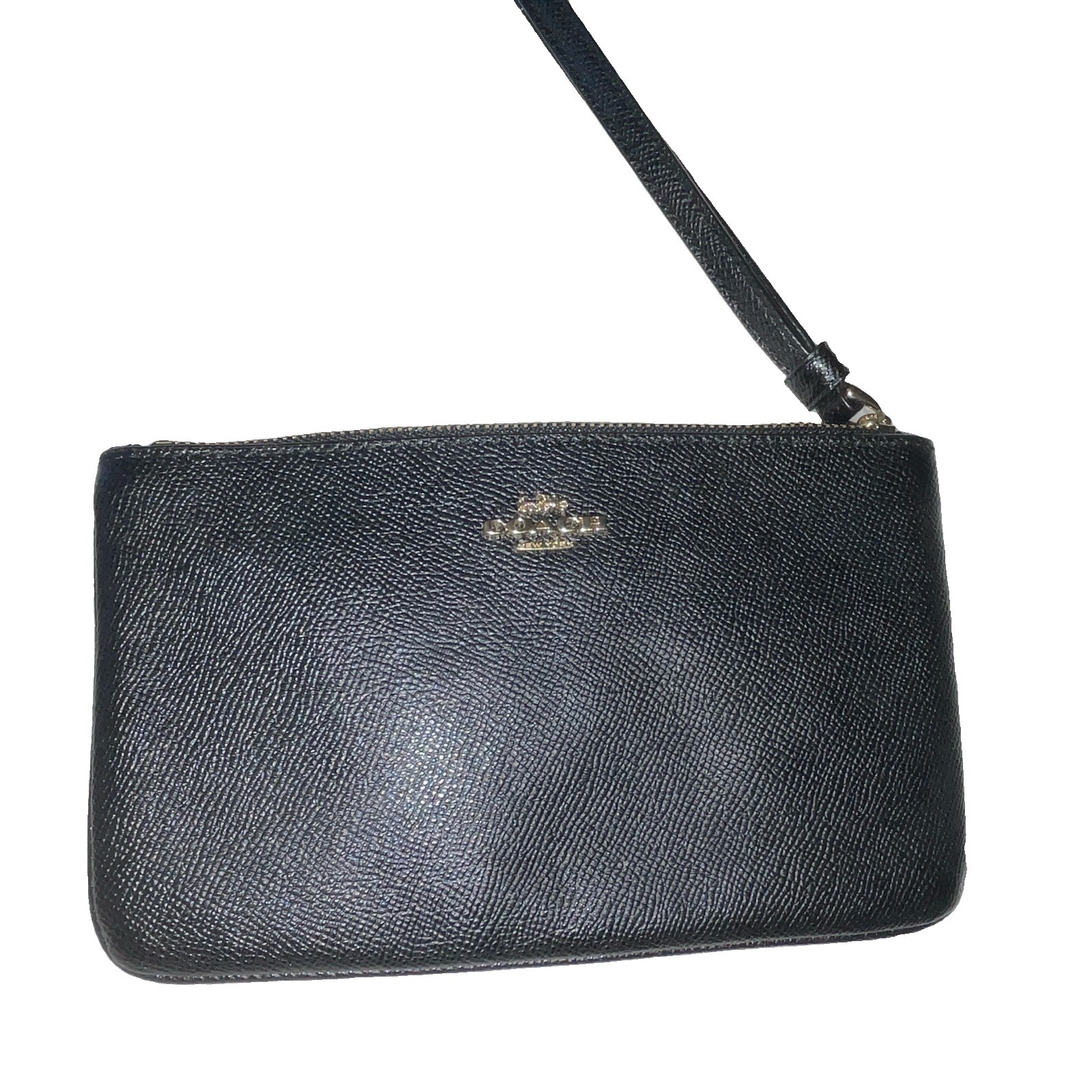 Large Coach Black Wristlet Wallet Zip Closure w/ Wrist Strap Logo Credit Card