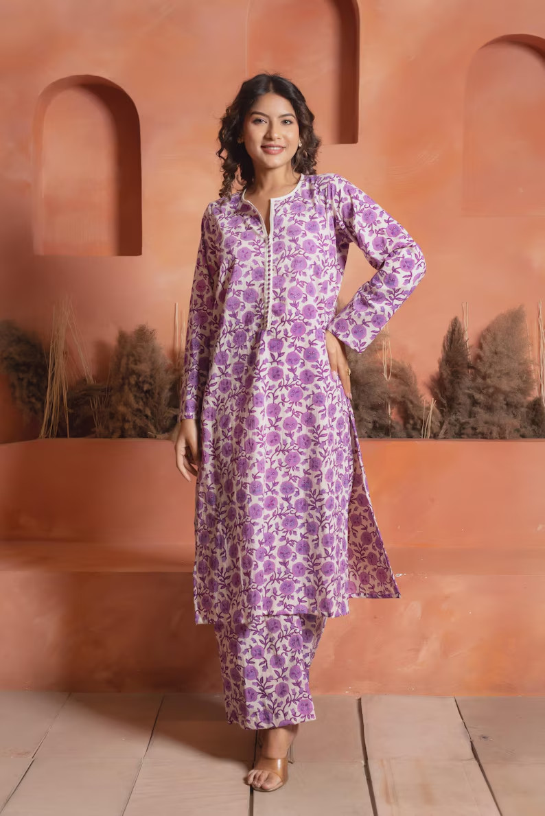 Purple Floral Cotton Co-ord Set, Hand Block Printed Kurta & Pants, Long Sleeve