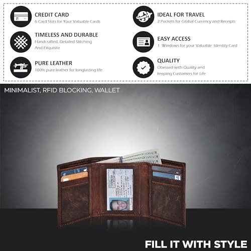 Tri fold Leather Wallet for Men with RFID | Slim Wallets for Men Hunter Brown