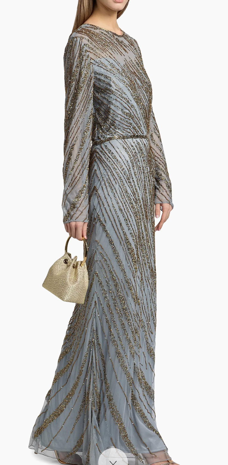 Mac Duggal Long Beaded Dress in Platinum with Gold Beads, size 10, $598