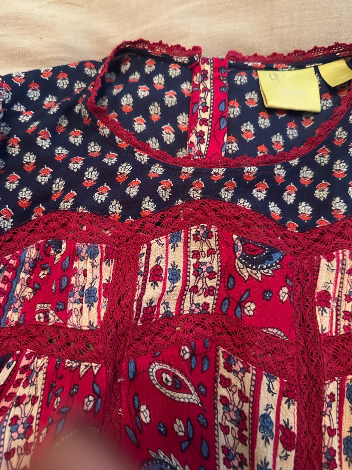 Maeve Anthropologie Floral Paisley Lace Boho Button Back Peasant Top Cottagecore