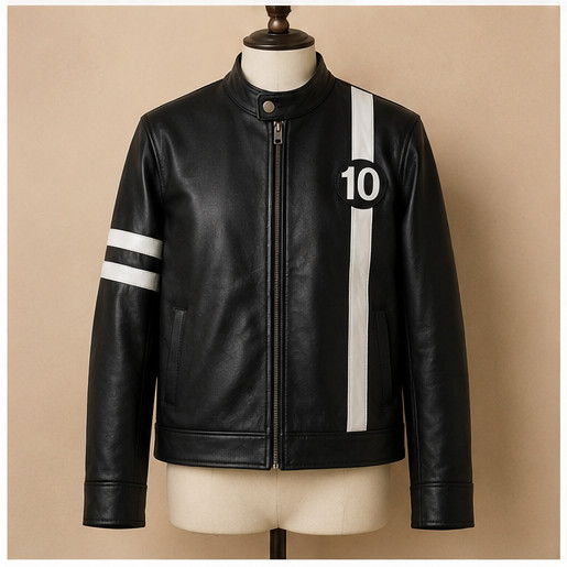 Ben 10 Inspired Mens Black Leather Biker Jacket Handmade Premium Bomber Jacket