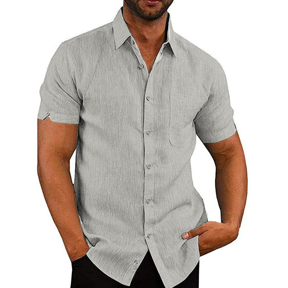 Mens Solid Short Sleeve Button Turn Down Collar Casual Blouse Casual T-shirt Top