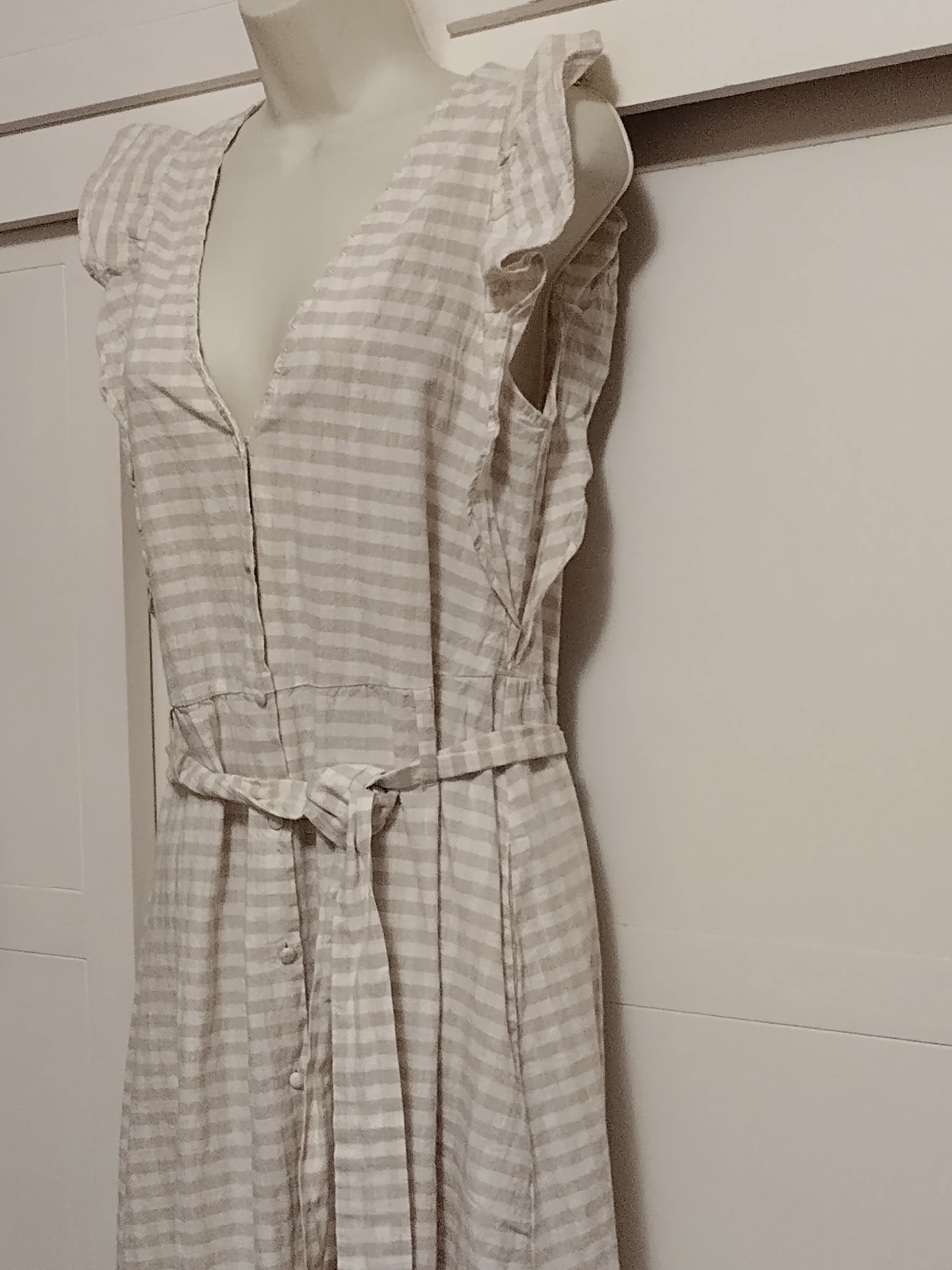 Zara Womens Plaid Ruffle Sleeveless Dress Maxi Linen Blend Beige White Size M