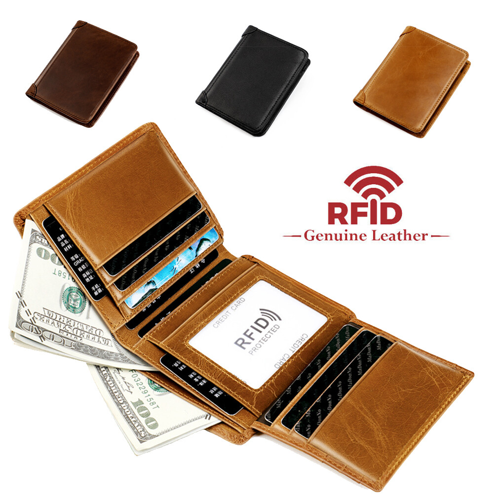 Genuine Leather Wallets For Men Slim Minimalist Trifold Wallet RFID Blocking