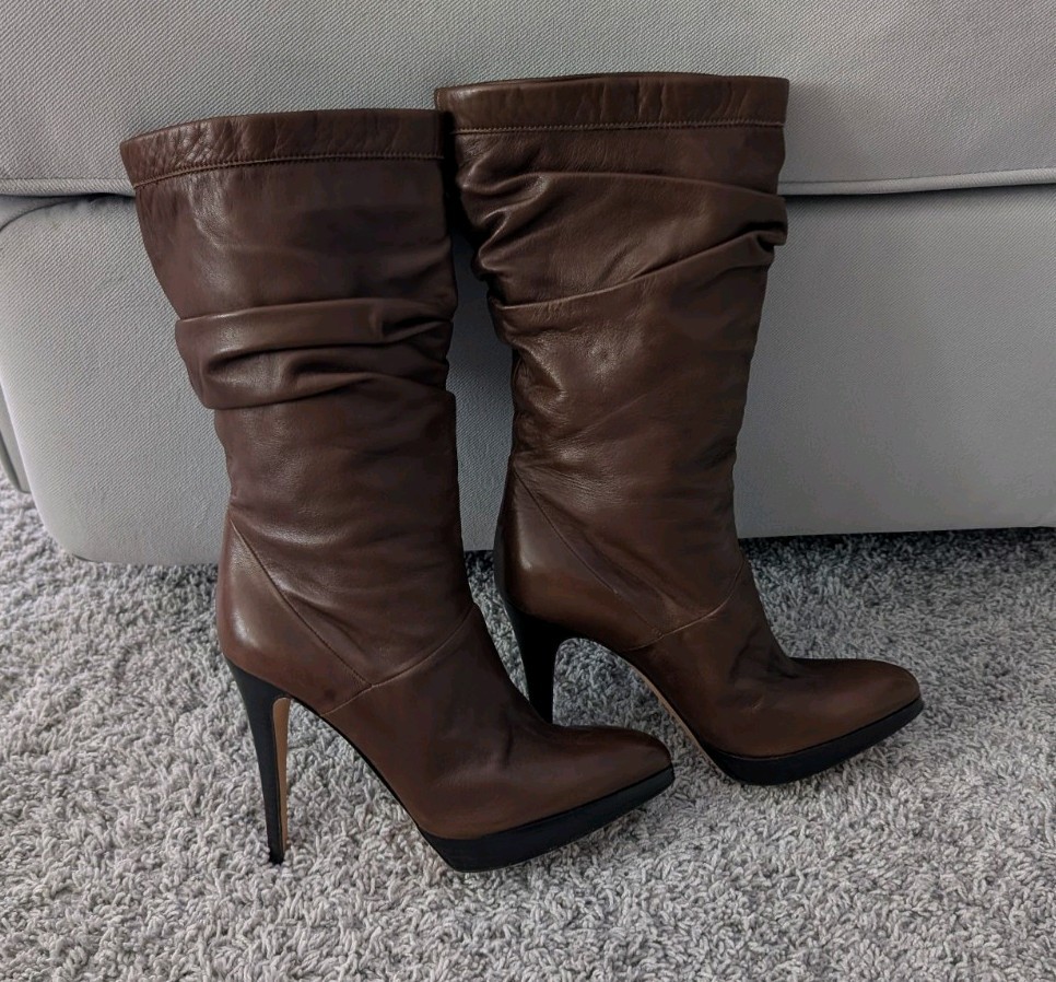 Brian Atwood Brown Leather Slouch Mid-Calf Pull-On Almond Toe Boots