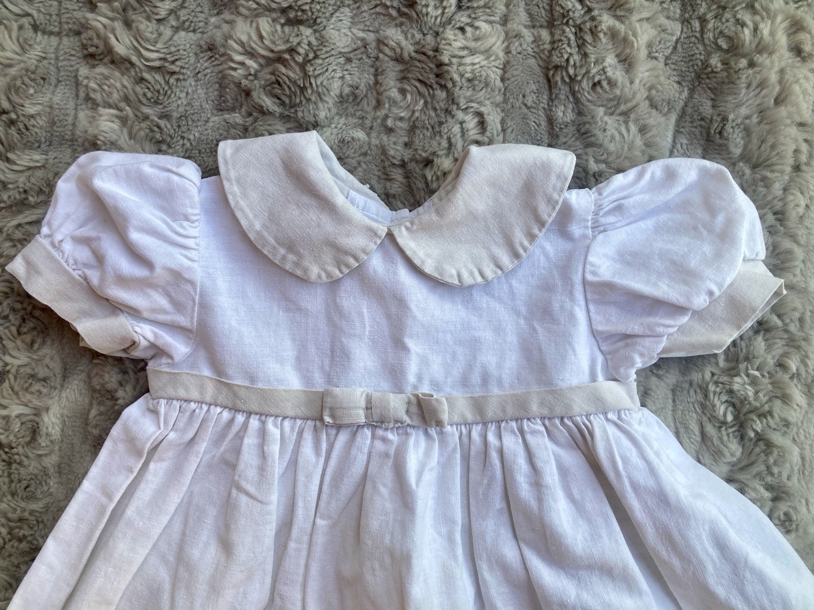 Vintage Jo Lene White Linen Blend Toddler Dress 2T Peter Pan Collar/Puff Sleeve