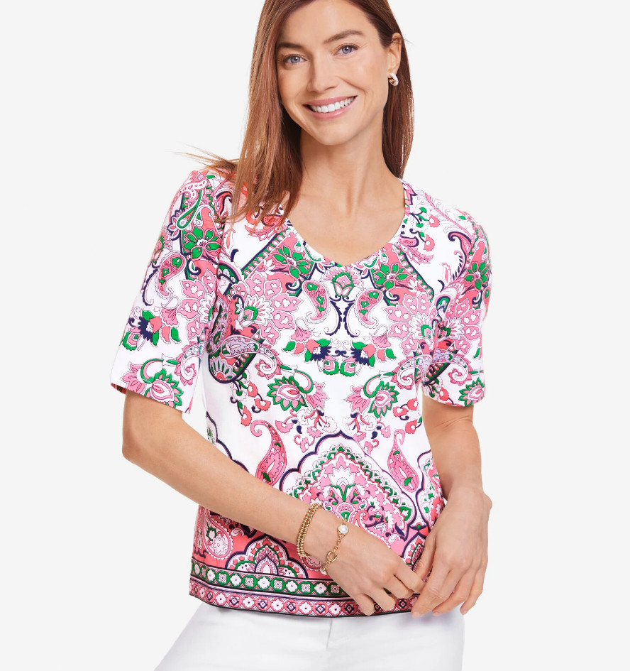 Talbots Elbow Sleeve V-Neck Tee – Jubilant Paisley, WHITE/BRIGHT CORAL, New