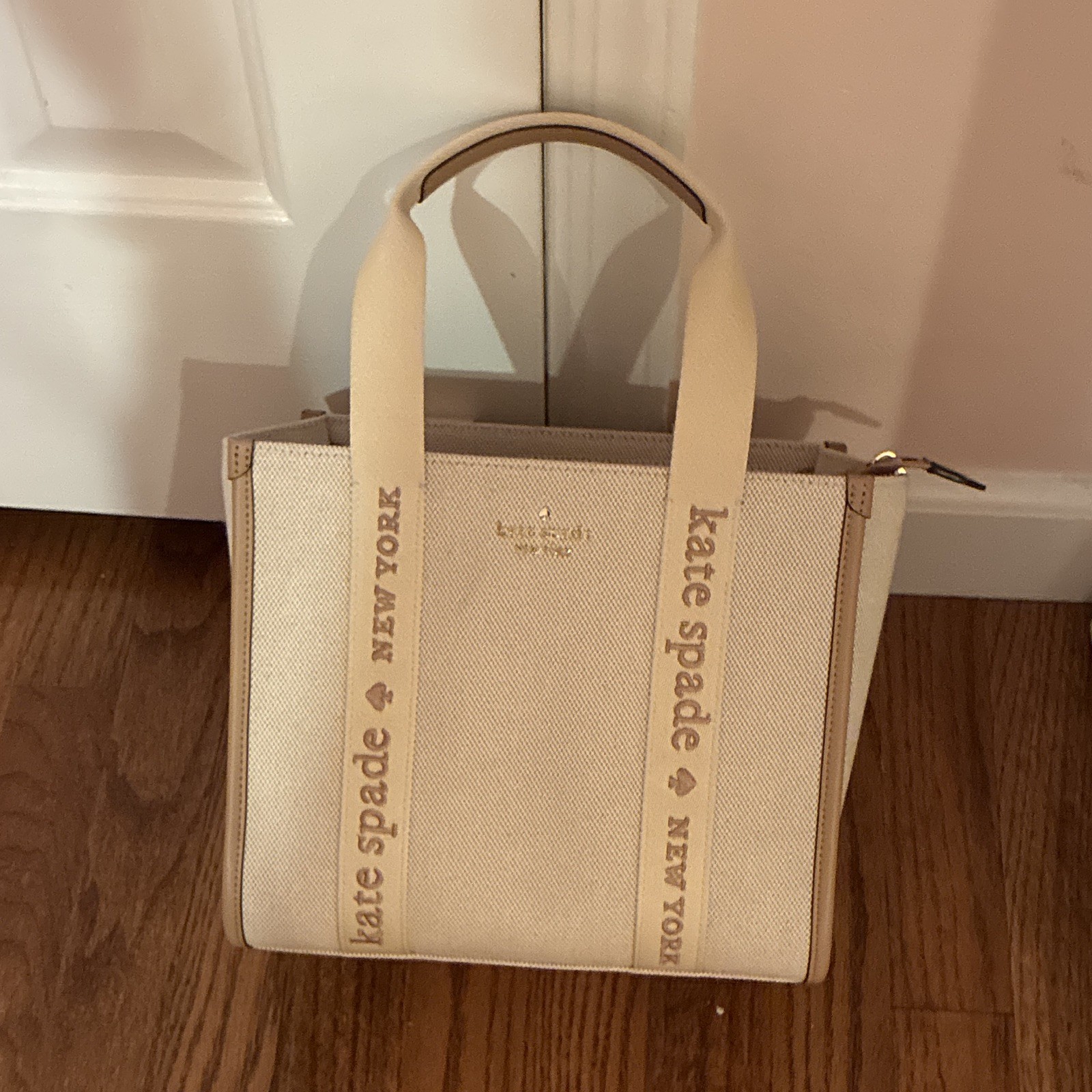 kate spade NY Beige Tote Bag Logo Strap Medium Double Handles Detachable strap