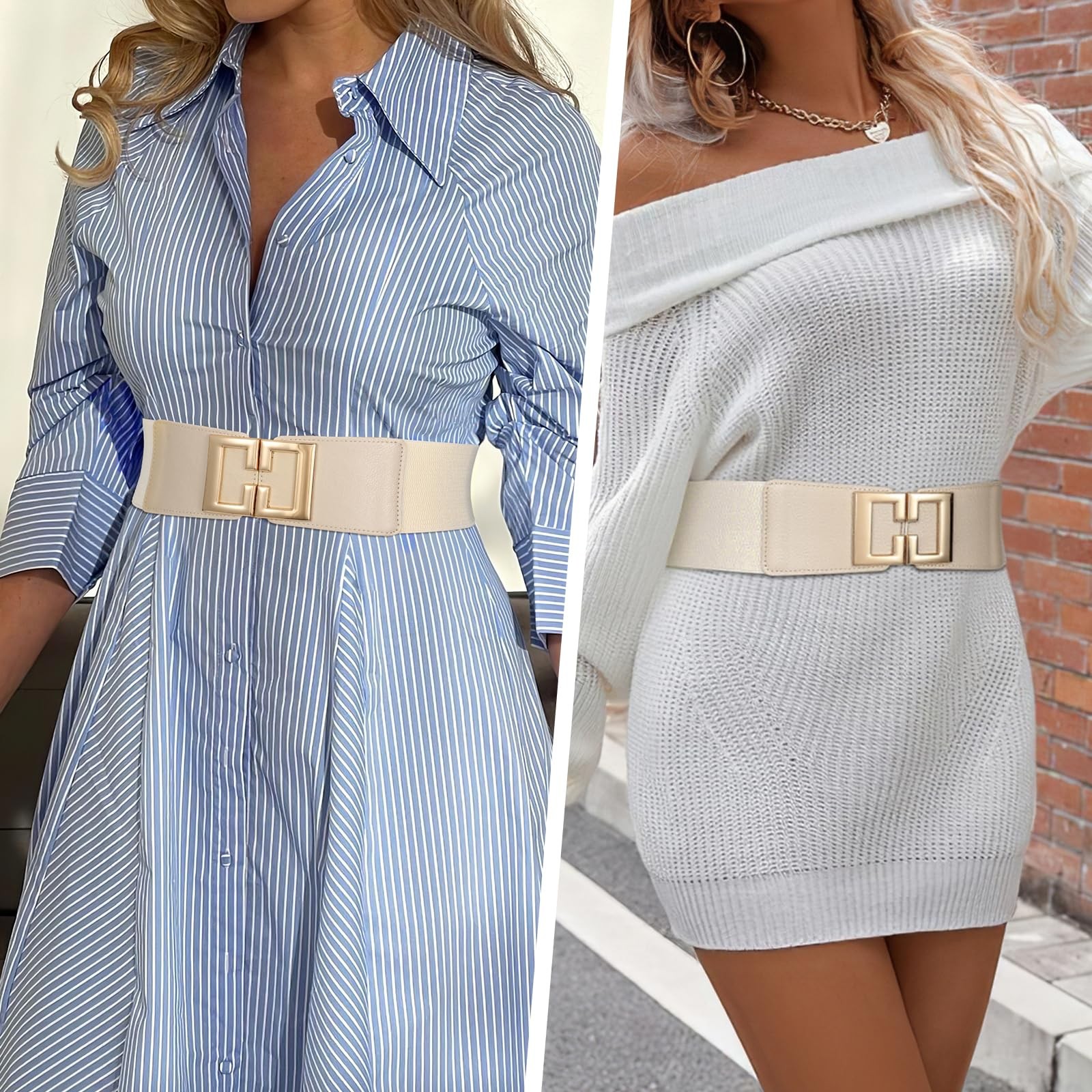 Wide Elastic Belts for Women Dresses Fashion Stretchy Waist Belt with Gold
