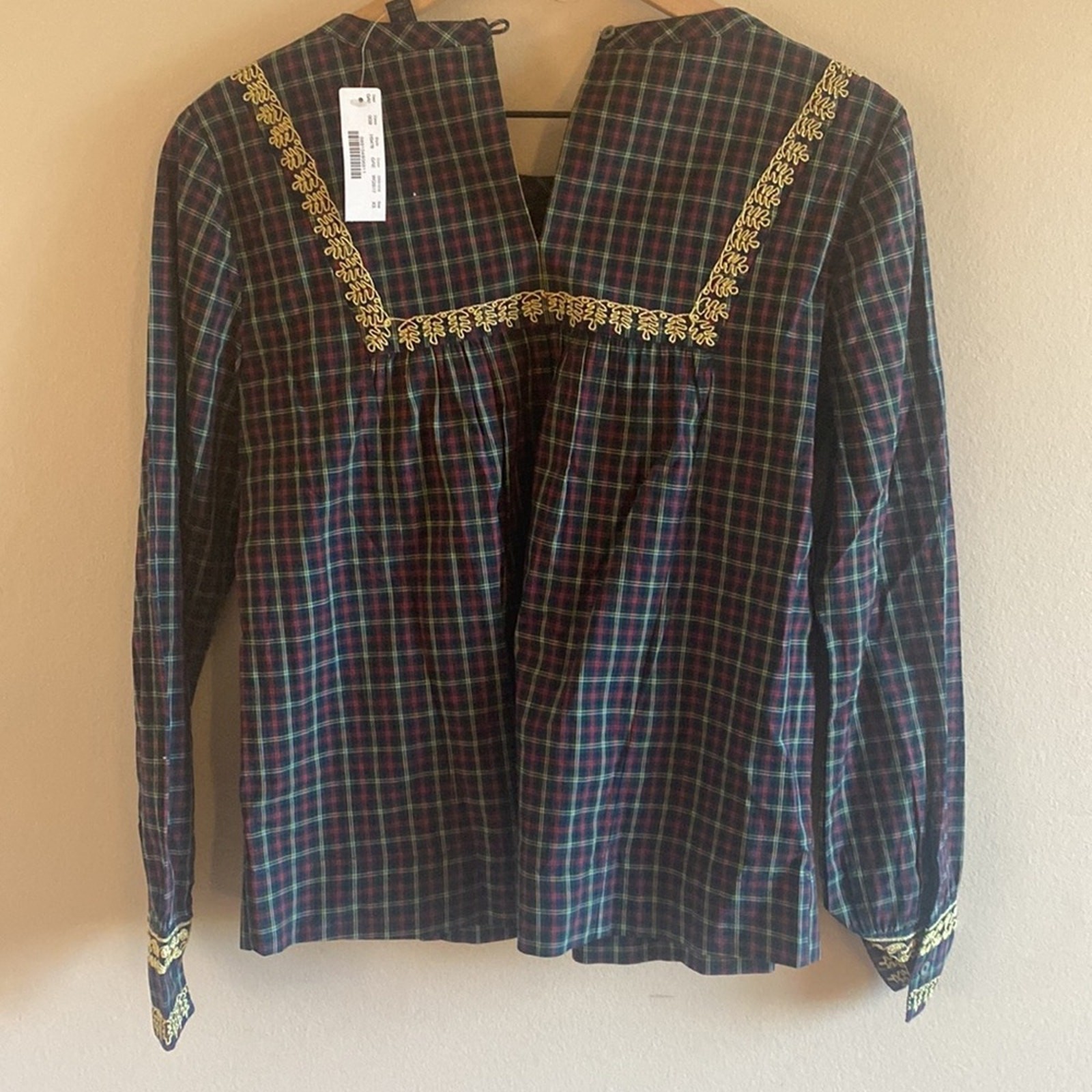NWT J.Crew Embroidered Plaid Peasant Blouse Women’s XS 100% Cotton Boho