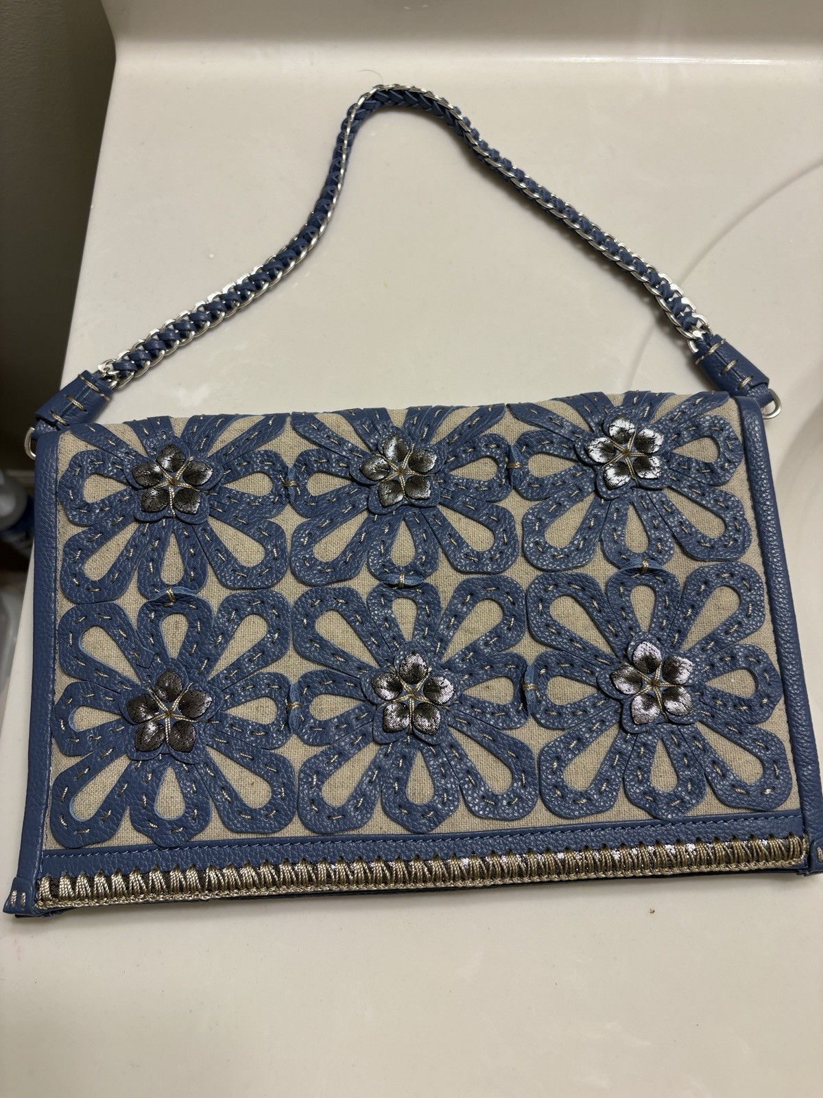Rare VTG Brighton Handcrafted Artisan Stitched Floral Bag Ivory Cottagecore Boho