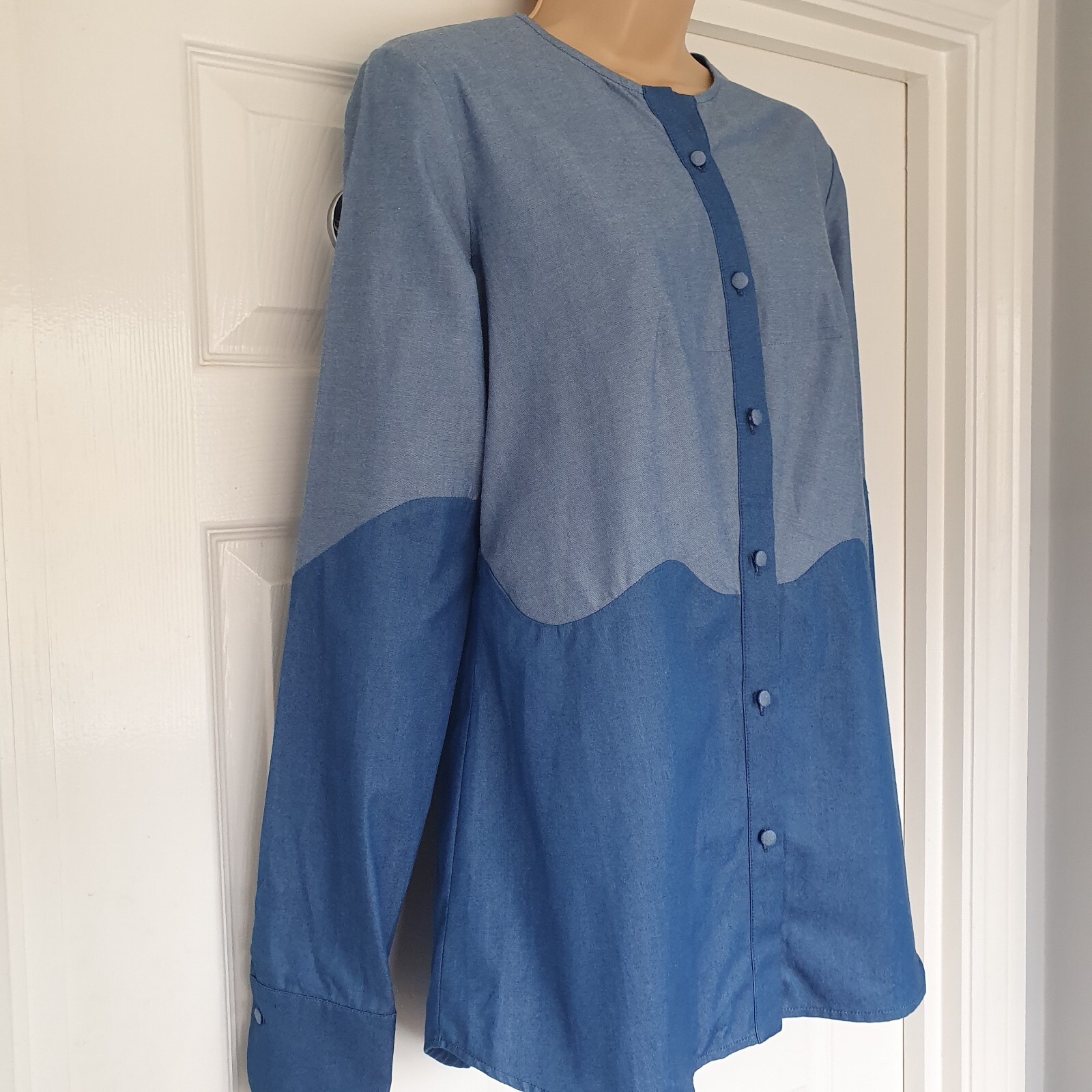 Deborah Lyons Tunic Shirt Blue Long Sleeves Size 10 Cotton Made In England
