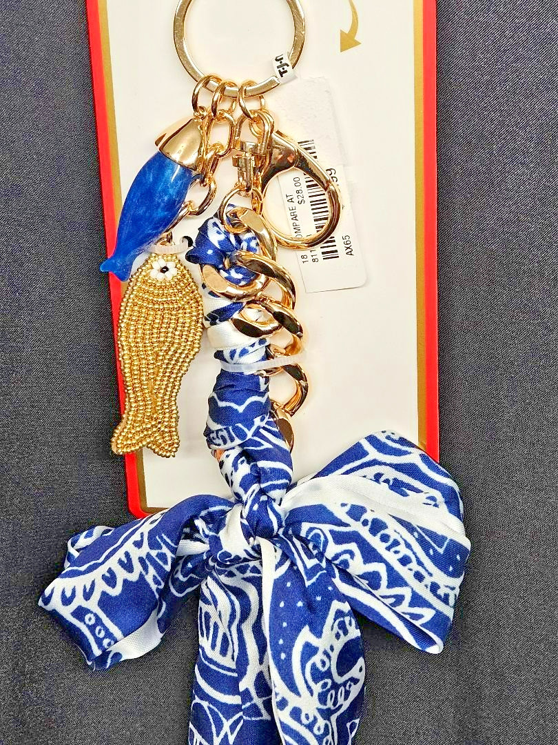 piper k bag charm key chain with scarf, beaded fish, gold tone metals