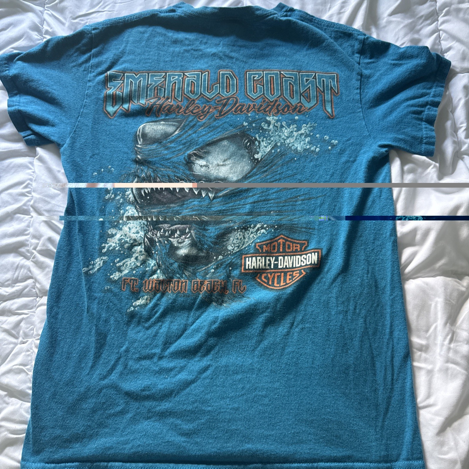 Harley Davidson Size Small Emerald Coast Blue Vintage Tshirt Cool Shark Graphic