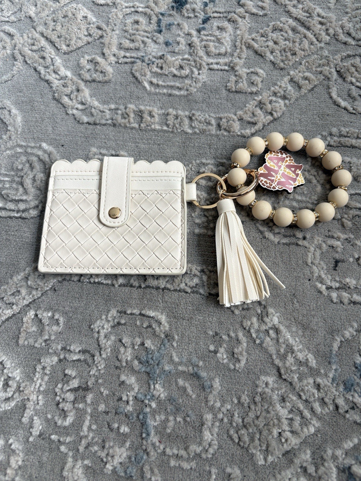 Faux Leather ID Card Holder Keychain, Woven Beaded Tassel Keyring White/Beige