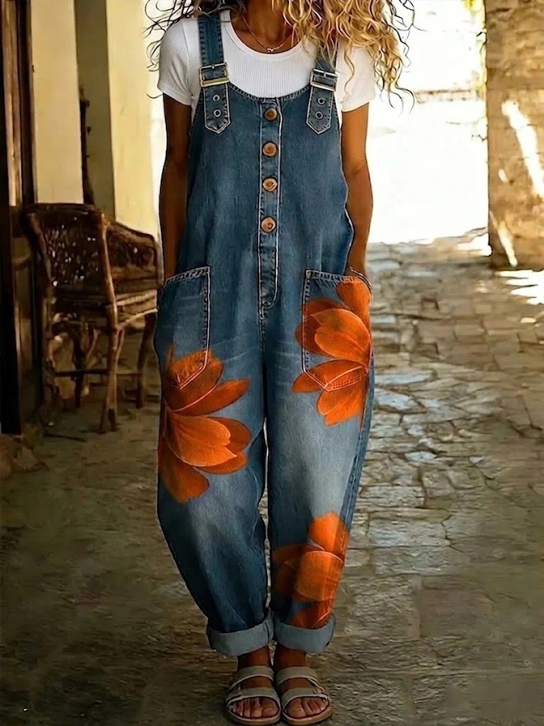 NEW Womens Denim-Style Jumpsuit With Floral Print