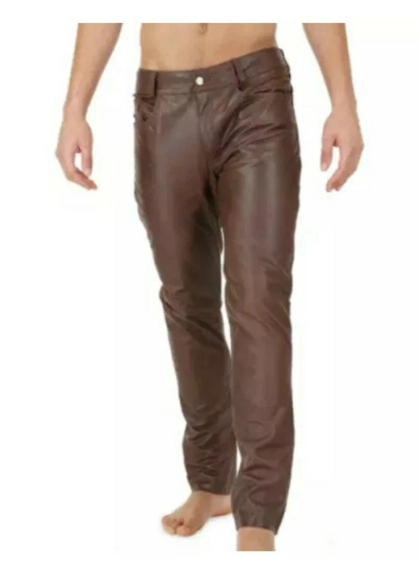 Mens Biker Jeans Real Brown Or Cow Leather Sleek And Sexy 501 Style Pants New