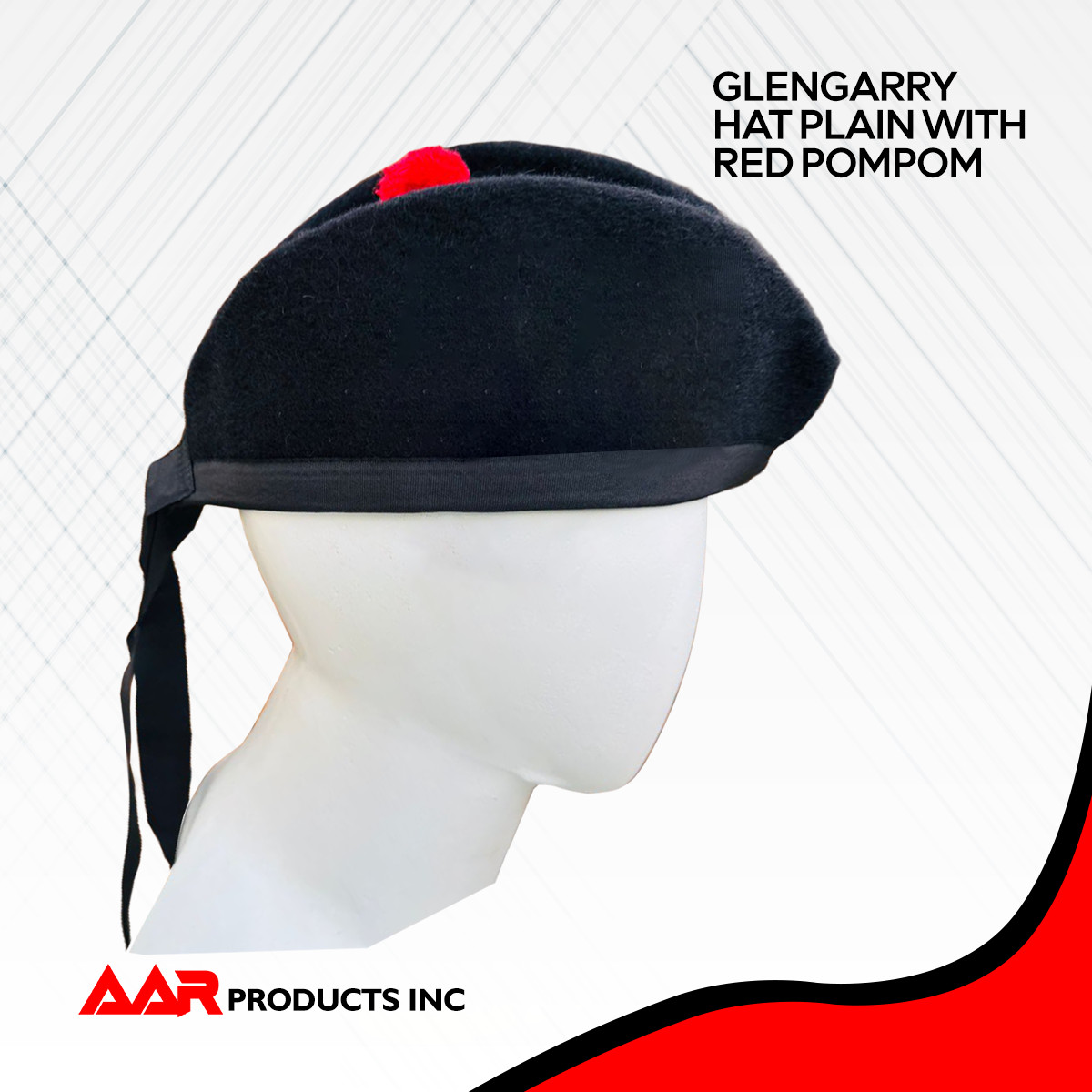 Scottish Glengarry AAR Plain Hat Red Pompom on Top 100% Wool cotton