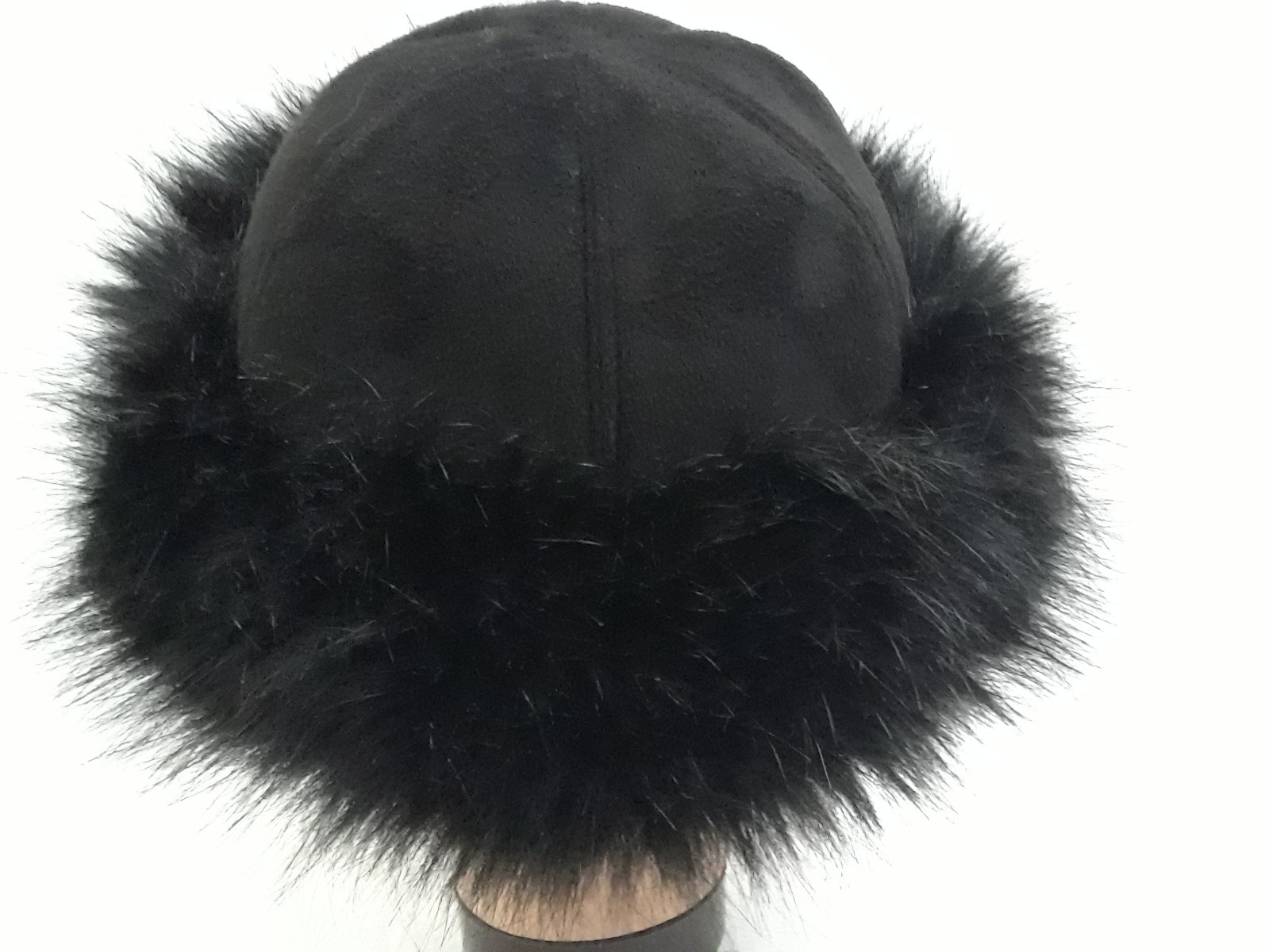 Women Black Russian Faux Fox Fur Hat Fluffy Winter Outdoor Suede Cap 7.5 in