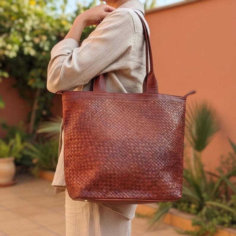 Handmade Moroccan Leather Bag | Braided Leather Tote | Marrakech Artisan Bag | L