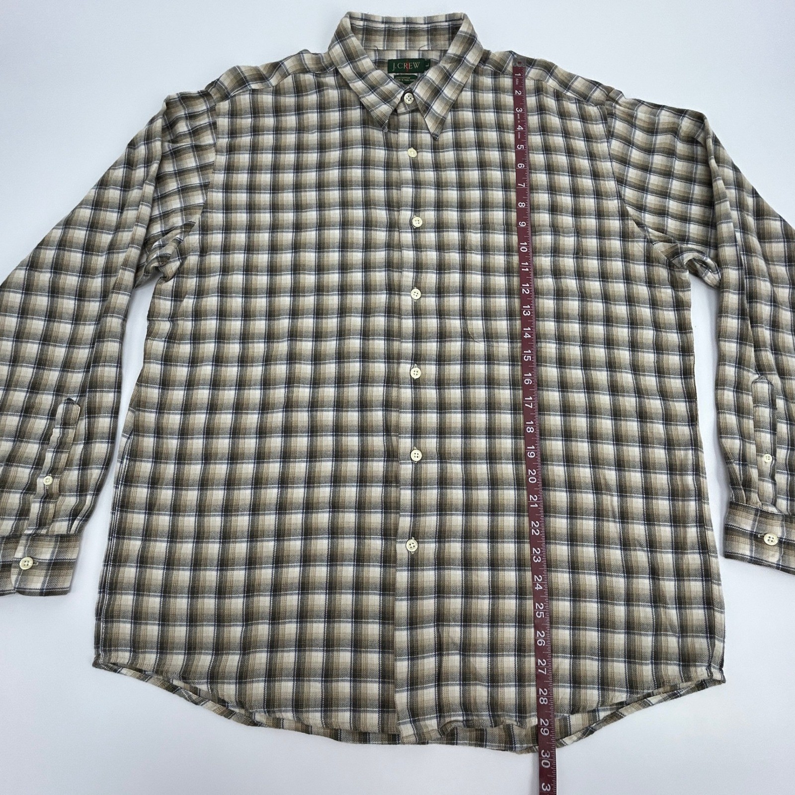 J. Crew Oarsman Shirt Men’s Large Beige White Plaid Long Sleeve Button Up