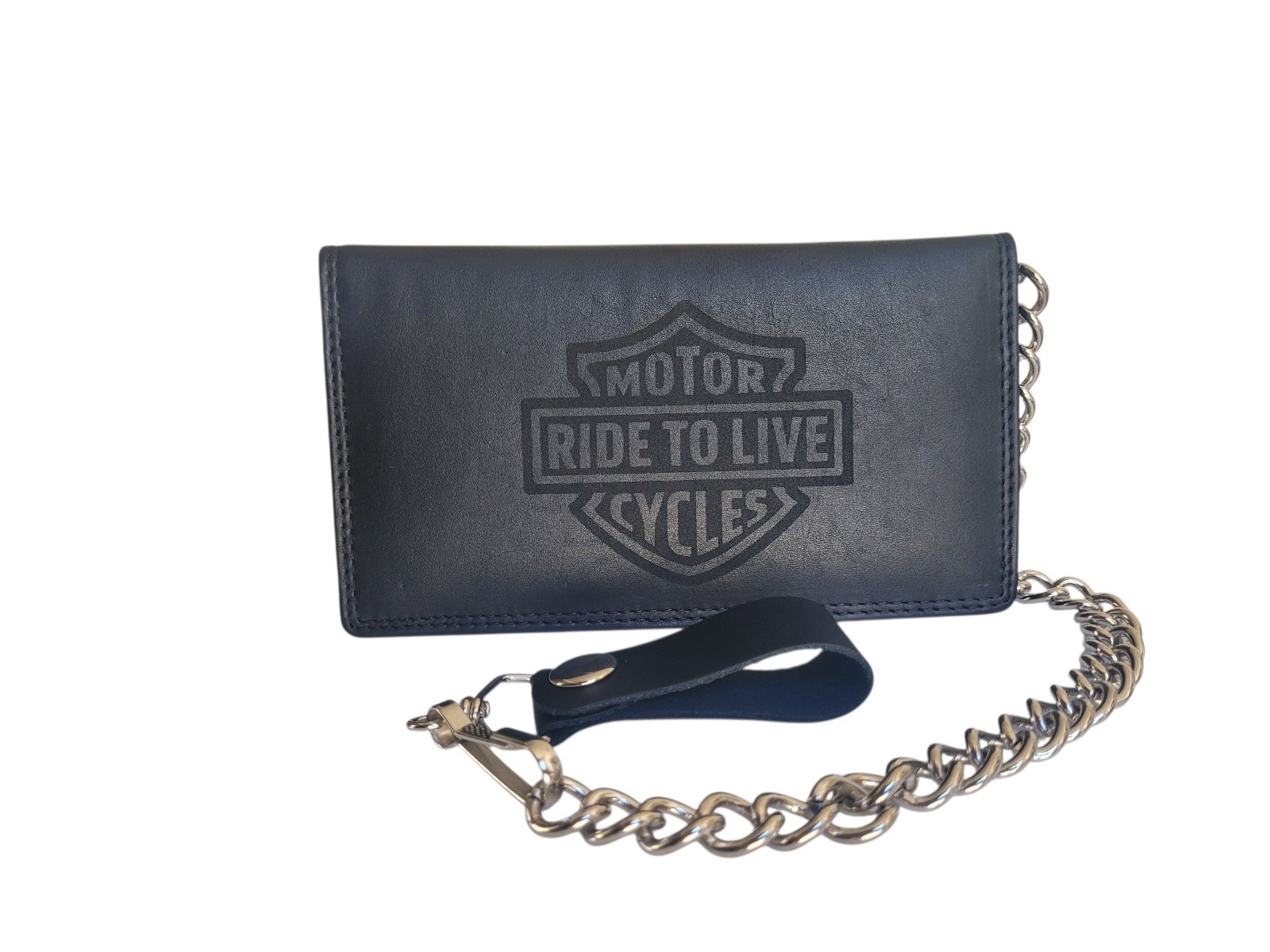 Ride To Live Genuine Leather Biker Long Wallet With Chain Black BiFold 7″ Wallet