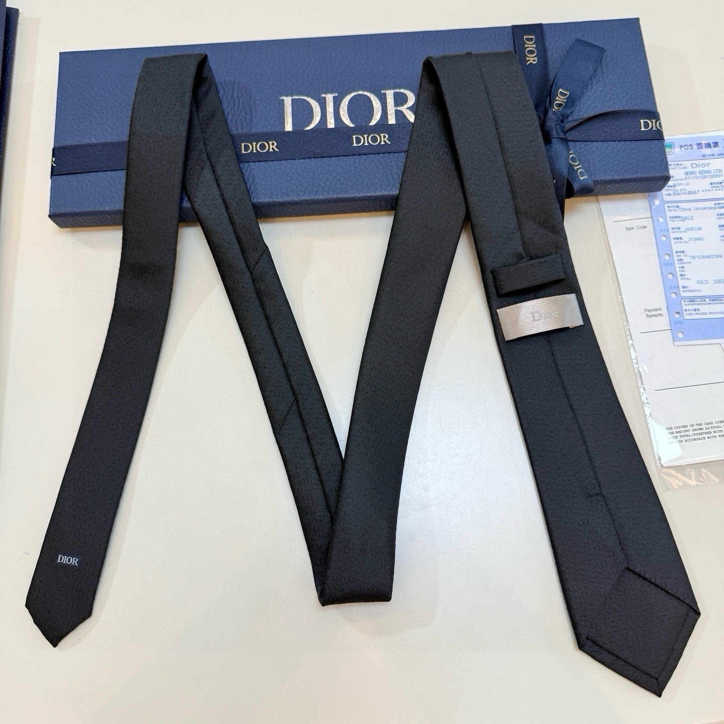 Dior Men’s Designer Silk Tie Black Solid Logo Accent Standard/Classic One Size