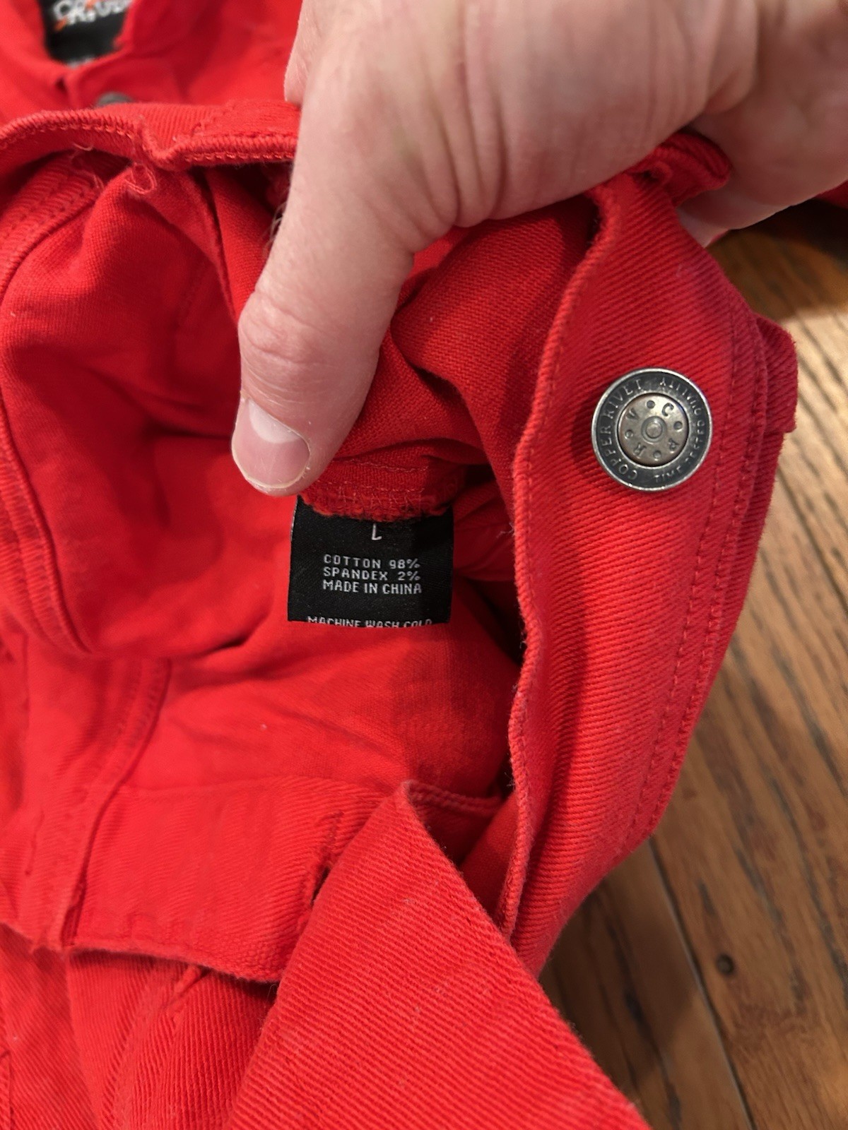 Copper Rivet Denim Jacket Mens Large L Red Distressed Ripped Jean Trucker Coat