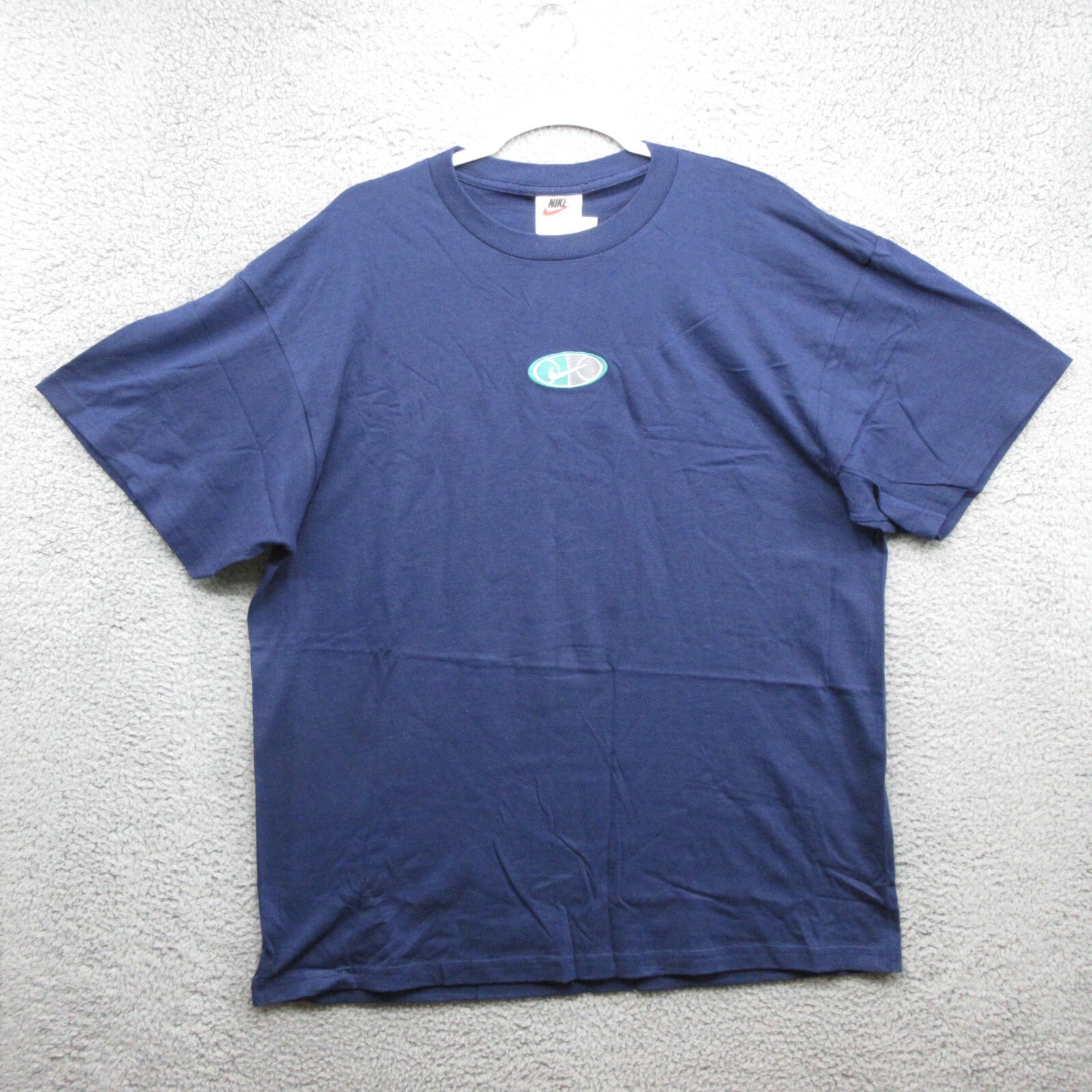 Nike Vintage Embroidered Center Swoosh Short Sleeve Shirt Mens L Blue 90’s #