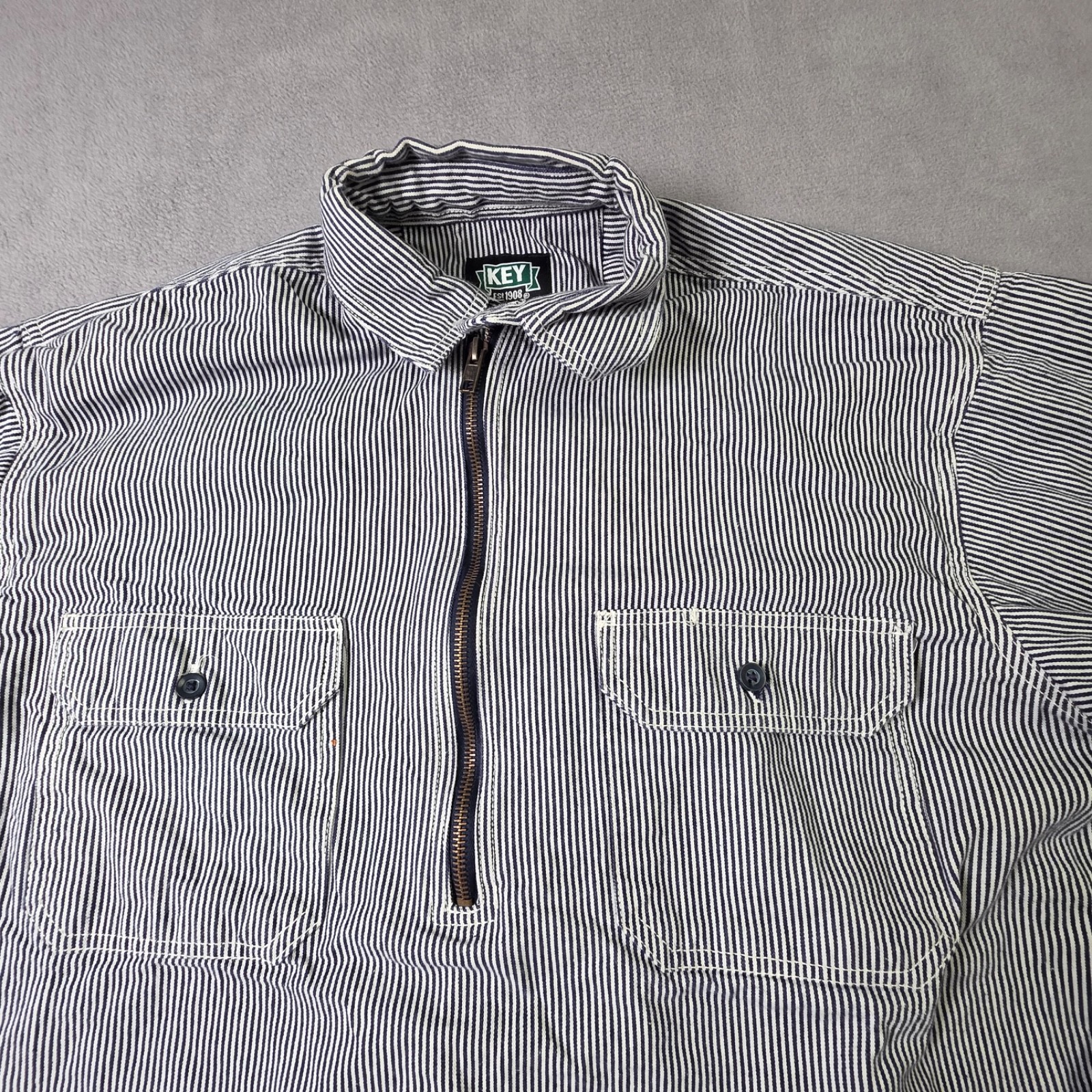 Key Imperial Shirt Mens Large Ta1l 1/2 Zip Hickory Striped Railroad Workwear