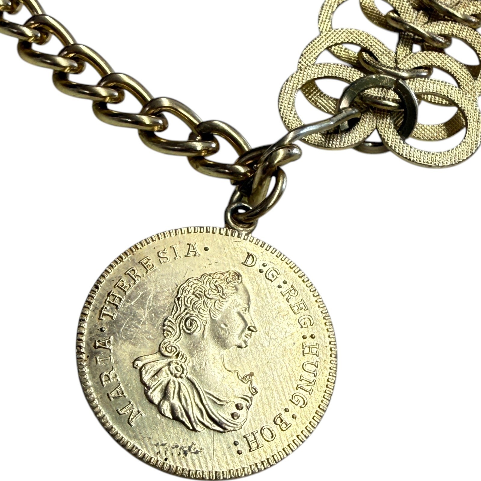 Vintage Gold Tone Textured Multi Link Chain Belt Maria Theresia Coin Charm 1780