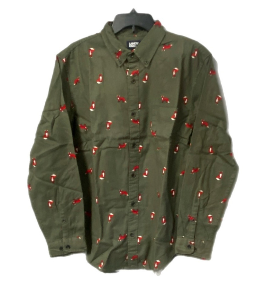 Lands End Mens Flannel Shirt Green w/Fox S, M, L, XL, New-no tag, FREE SHIP