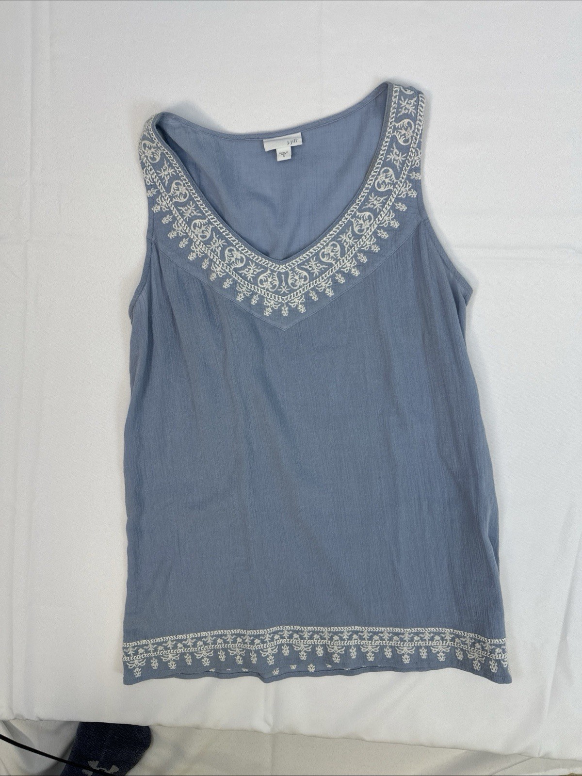 J.JillBlue Sleeveless Embroidered Boho Crinkle Gauze Top Sz Small 100% Cotton