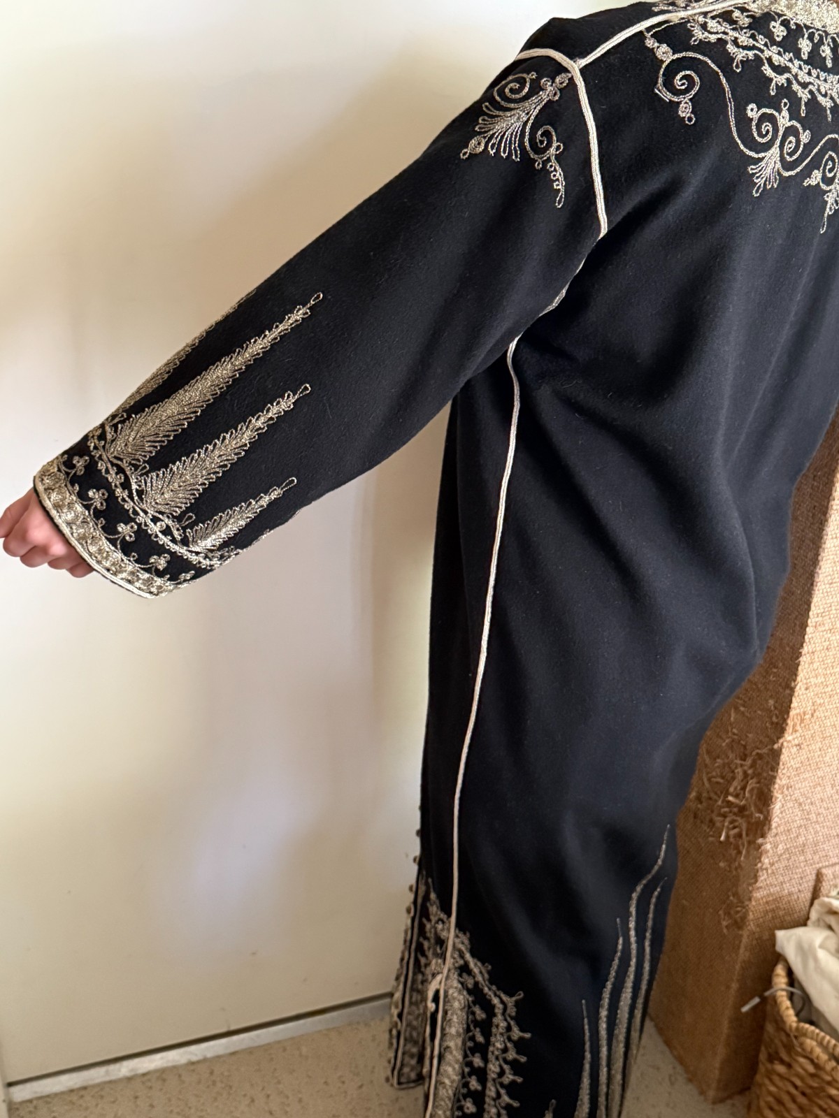 Vintage Handmade Black Wool Caftan Hand Embroidered Artisan Ceremonial Robe Maxi