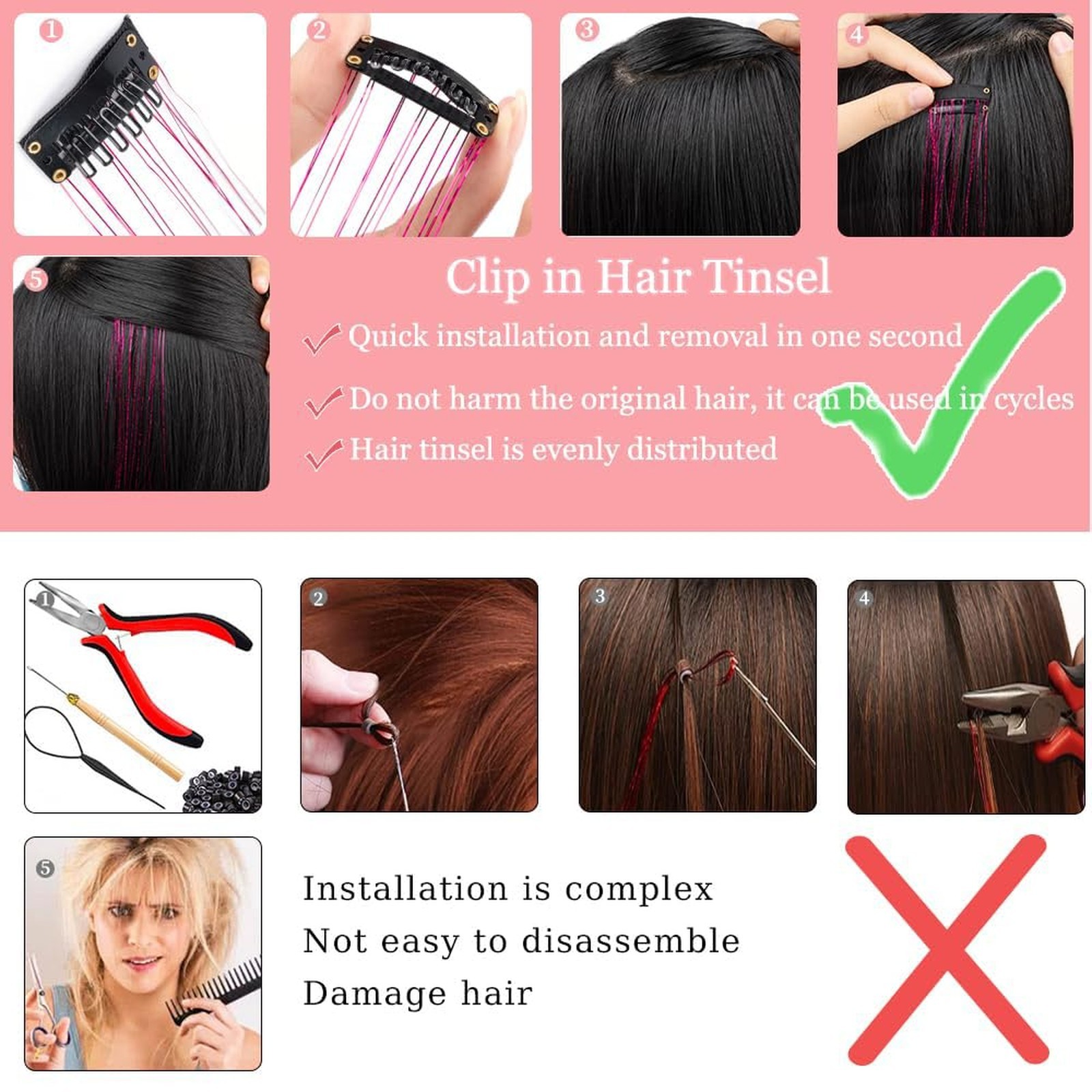 Colorful Hair Tinsel Extensions Pack of 12 Clip in Glitter Hair Accessories 20