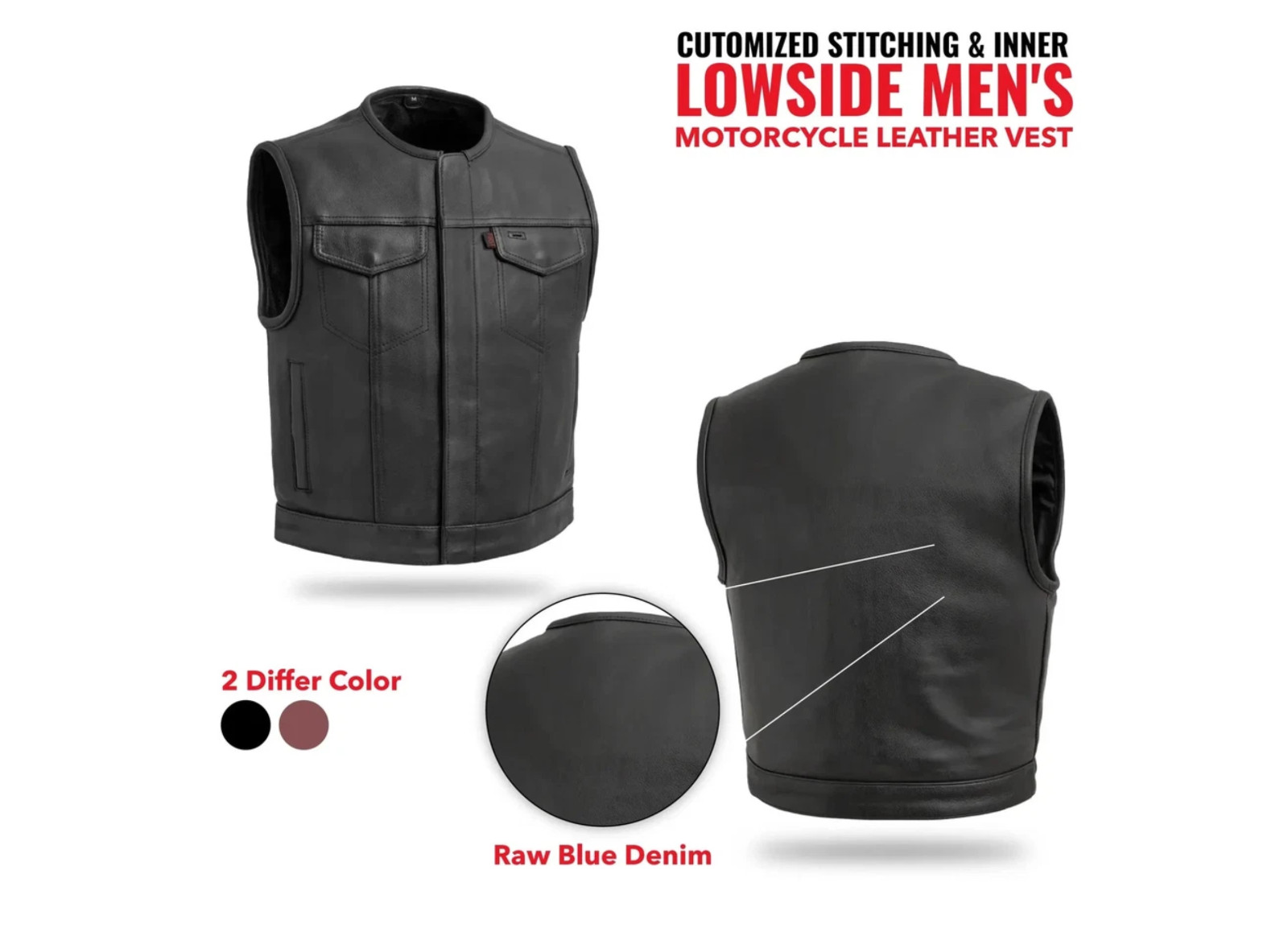 Men’s Black Leather Biker Vest Sleeveless Motorcycle Waistcoat Classic Vest