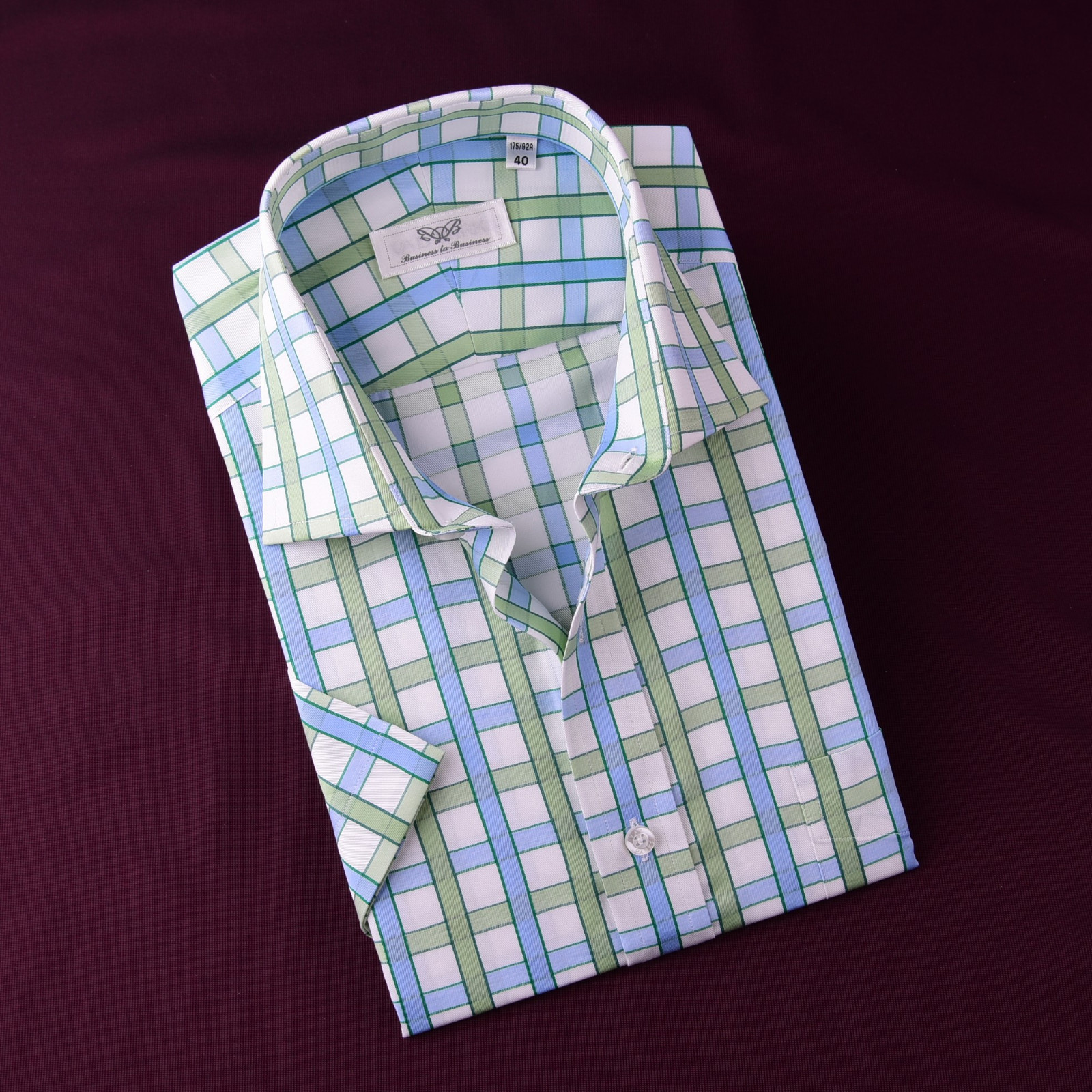 Blue Green Plaids & Checks Formal Business Dress Shirt Short Sleeve Button Down