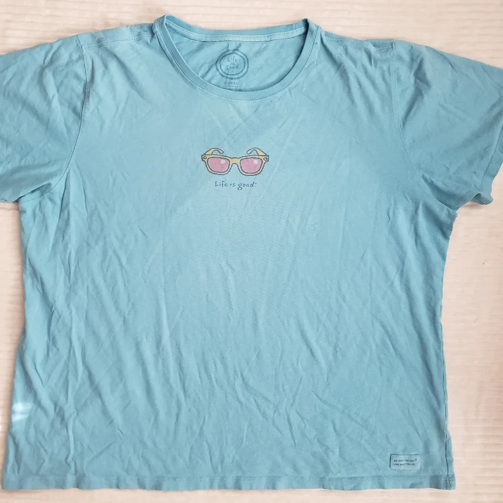 Life Is Good Womens Blue Pink Yellow Crew neck tee Sunglass T Shirt XXL
