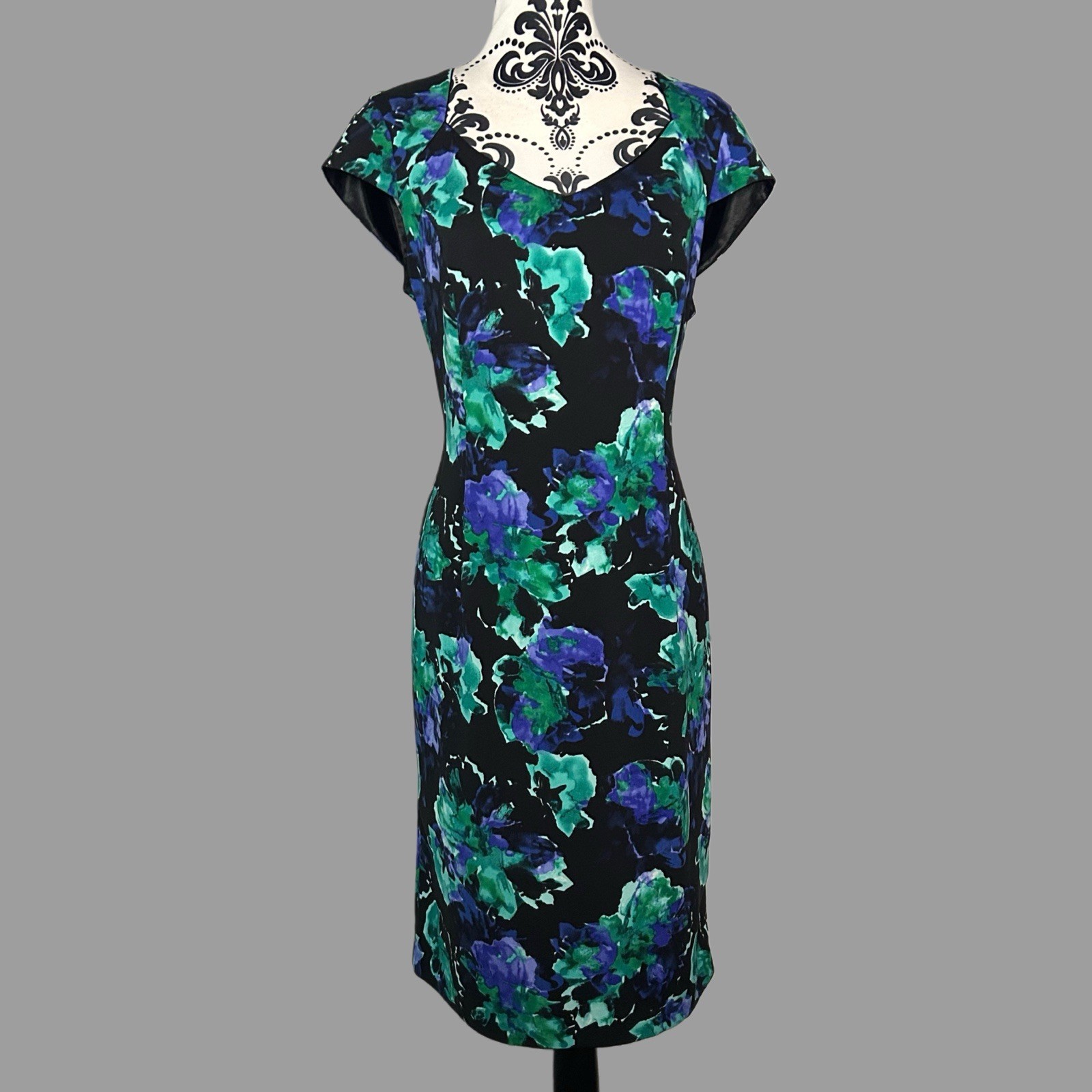 Jacques Vert Straight Dress Size 14 Blue Green Floral Wedding Guest Race Days