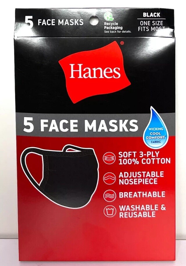 5 Pack Hanes Face Masks – Black Cotton Reusable Cover Face mask Cloth Facemask