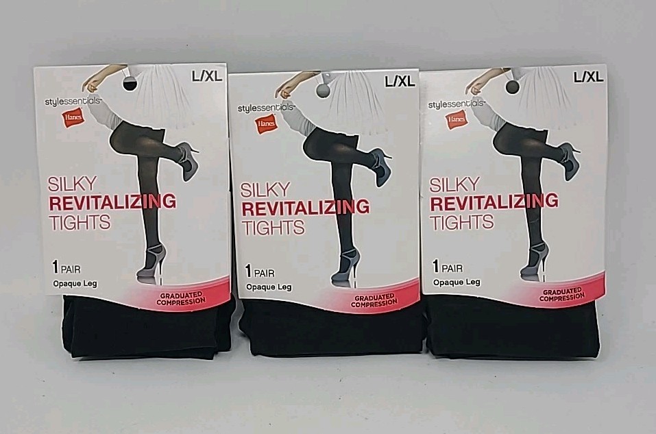 Hanes Silky Revitalizing Tights Opaque Leg L/XL Black Graduated Compression x3