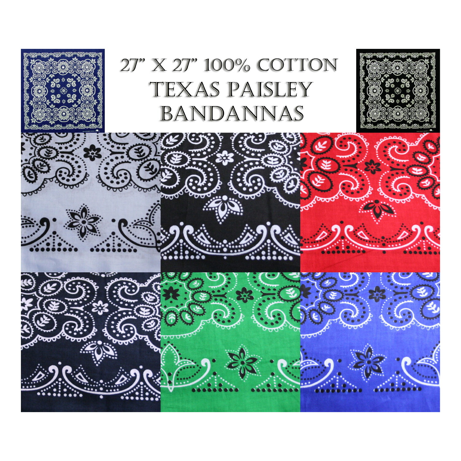 100% Cotton Texas Size 27″X27″ Paisley Bandannas Bandanas